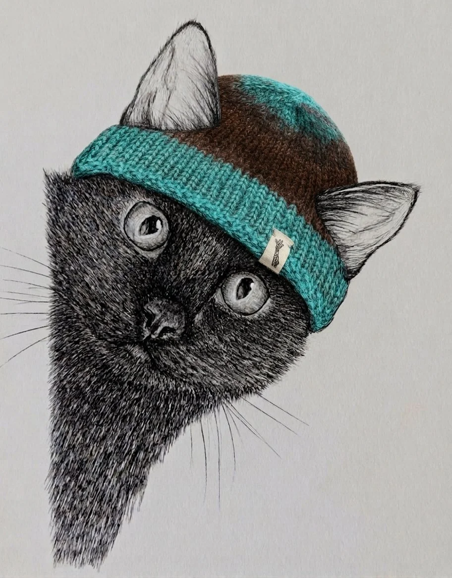 Un dessin d'un chat noir portant un bonnet tricoté turquoise, marron et gris, avec des oreilles pointues et un regard expressif.