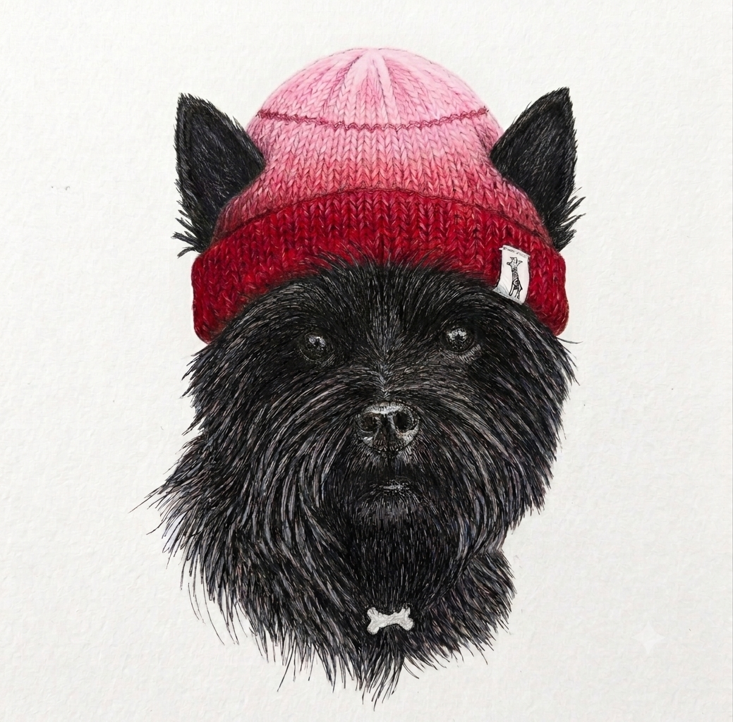 Rendue d'un chien noir à poil long portant un bonnet rose et rouge, avec une étiquette, sur un fond blanc.