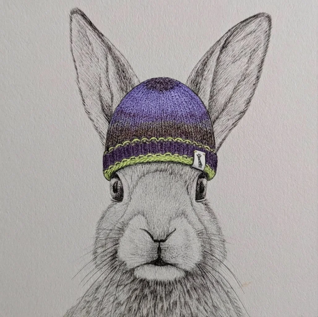 Dessin d'un lapin portant un bonnet violet à rayures jaunes et violettes, avec de grandes oreilles et un regard doux.