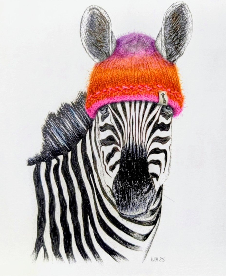 Un dessin d'un zèbre portant un bonnet coloré, avec des traits noirs et blancs caractéristiques du zèbre.