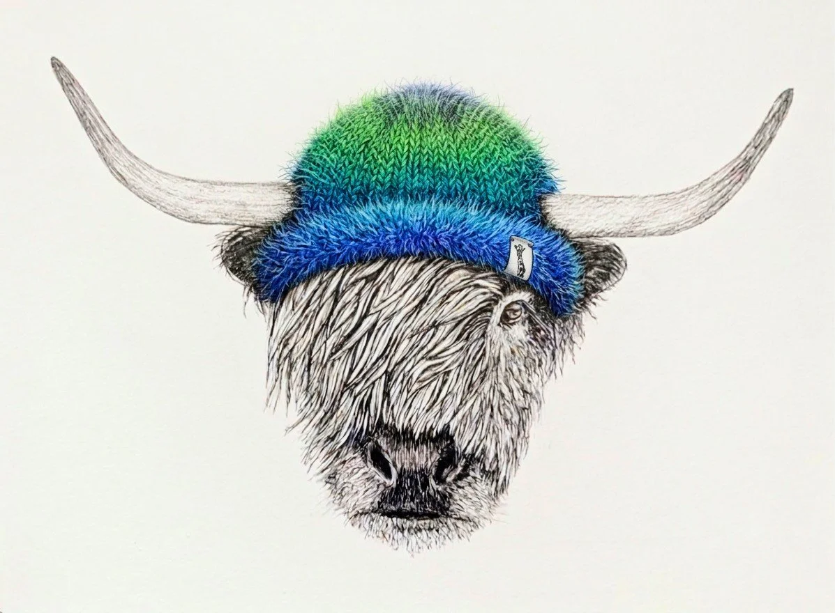 Un dessin d'un bison portant un bonnet en laine coloré et un badge. L'animal est représenté en style illustration détaillée, sans arrière-plan.