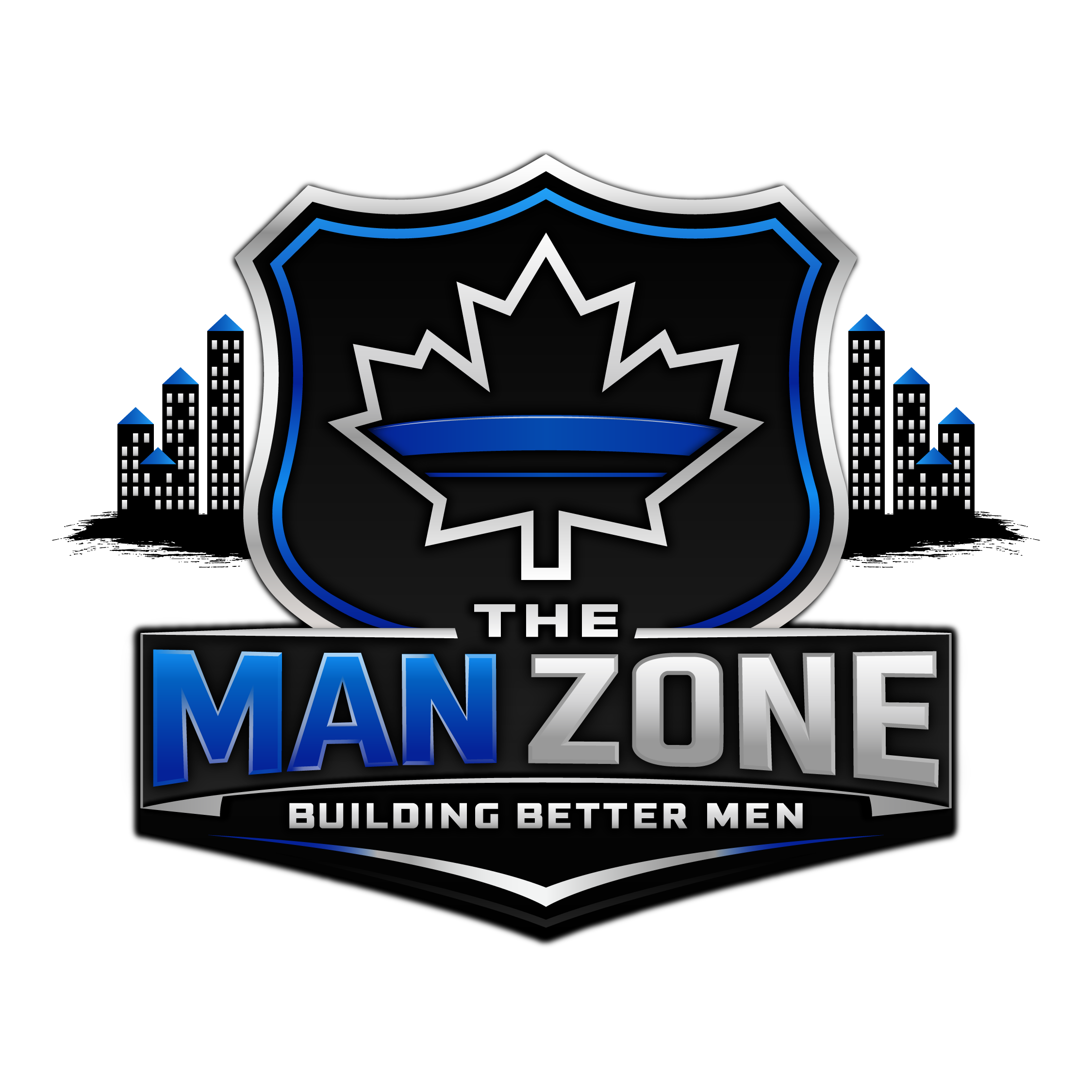 Neon-style badge with a maple leaf and cityscape, featuring the text 'The Man Zone' and 'Building Better Men'.