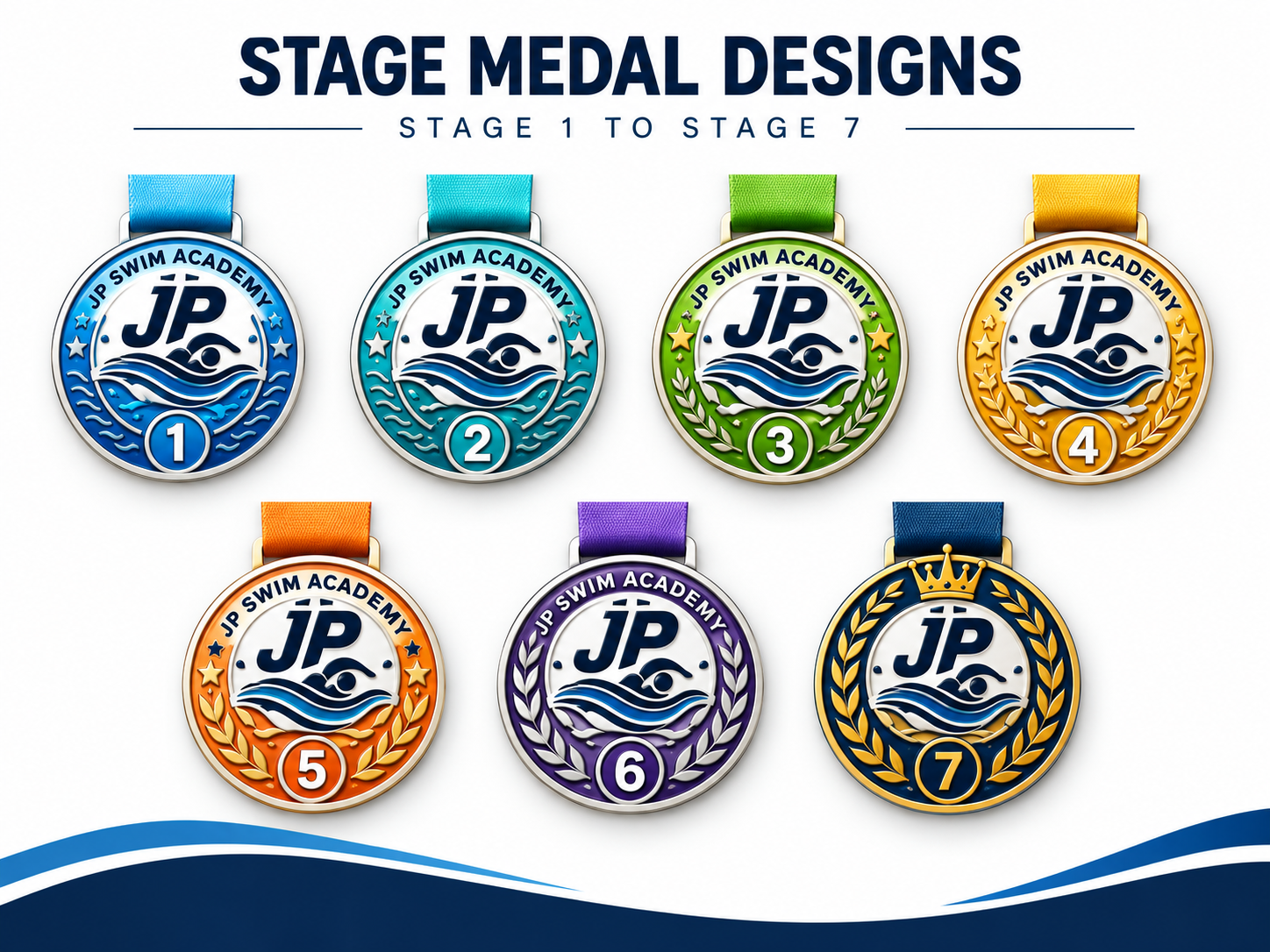JP Swim Academy seven-stage swimming medal pathway from Stage 1 to Stage 7.