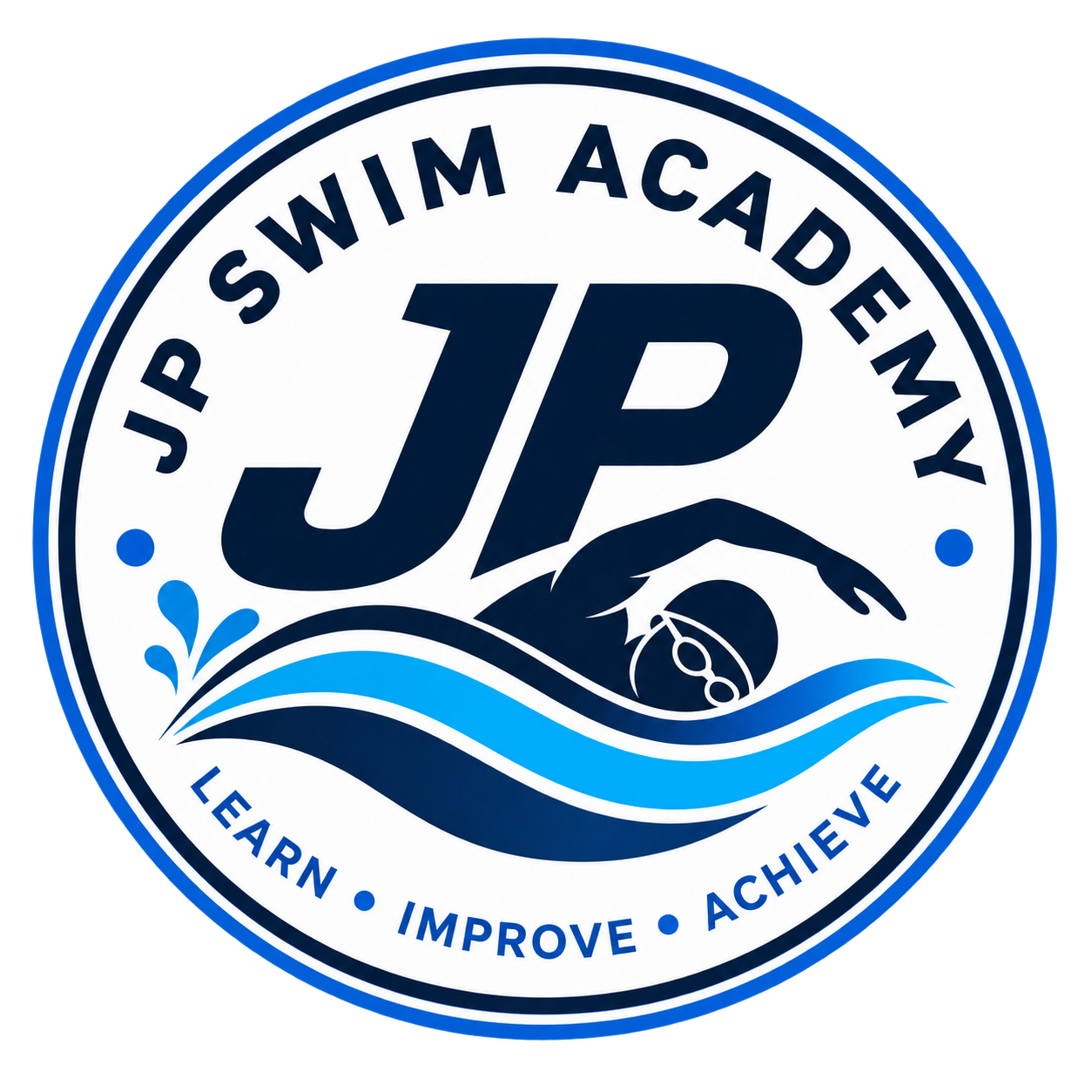 JP Swim Academy logo with swimmer, waves and Learn, Improve, Achieve motto.
