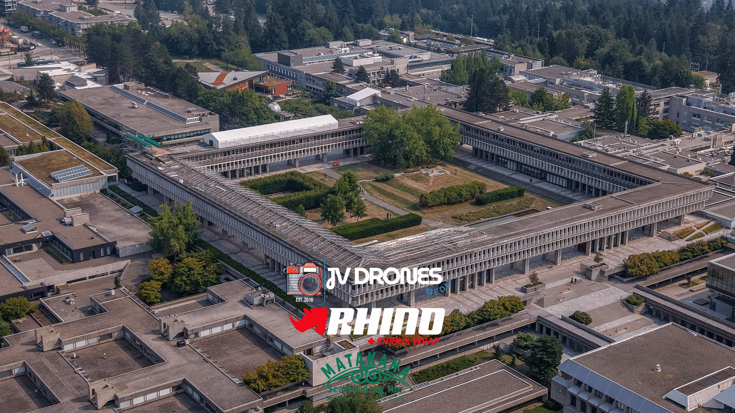 Aerial drone photo of shrink wrap scaffold containment project at Simon Fraser University in Burnaby, BC