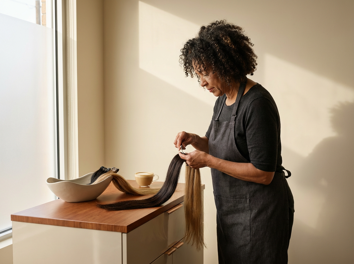 A woman with curly hair in a black shirt and apron is holding a section of long hair, preparing to cut or style it in a well-lit room near a large window. There is a bowl and a cup on the wooden table.