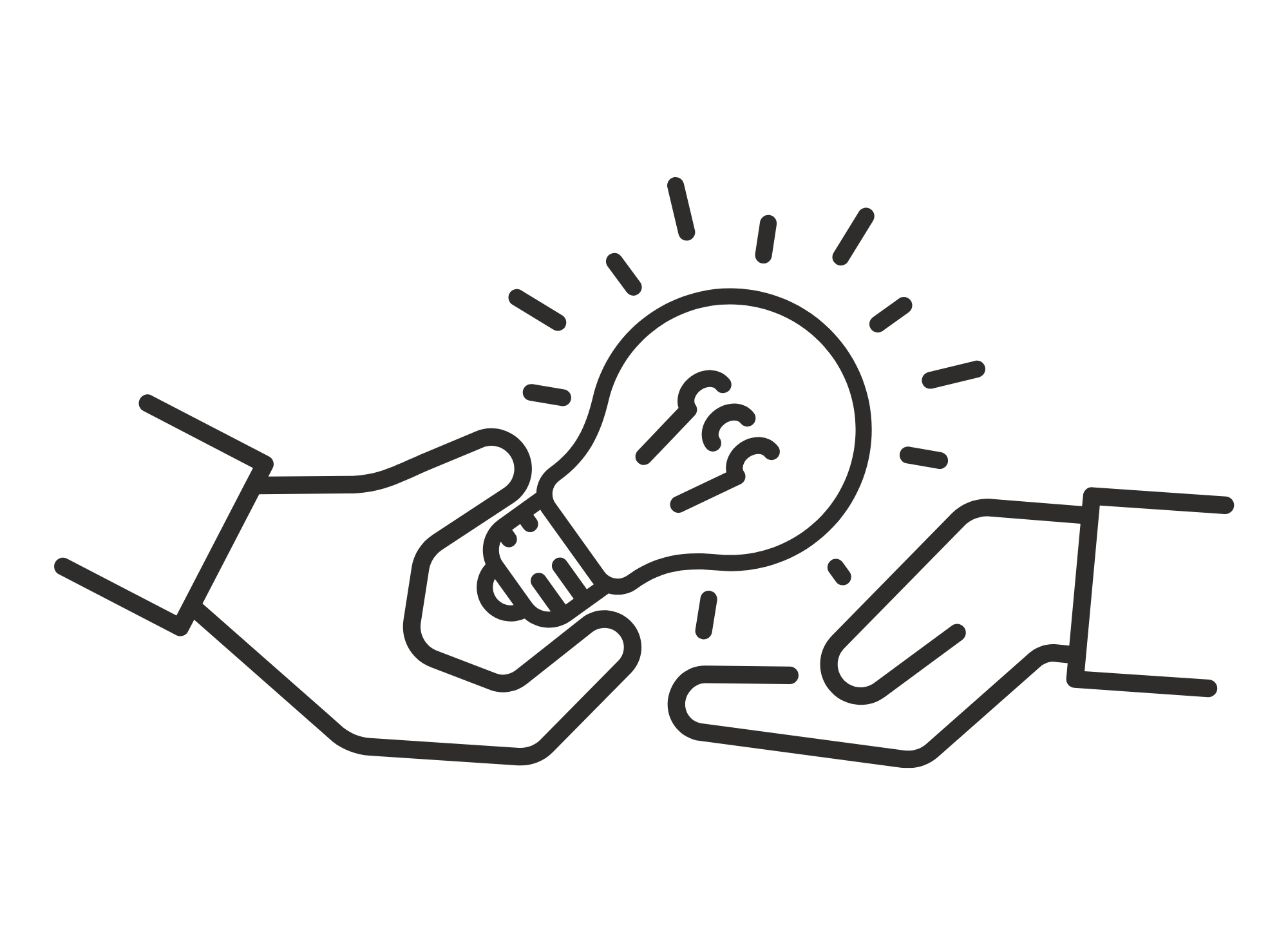 Outline illustration of a hand holding a lightbulb, with light rays emanating from it, symbolizing an idea or innovation.