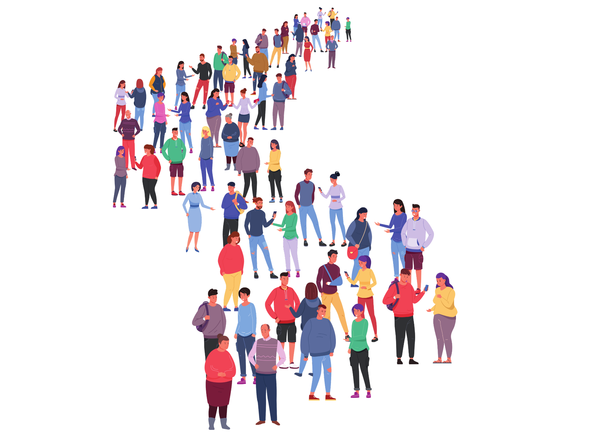 Illustration of a diverse crowd of people standing on and walking up and down stairs.