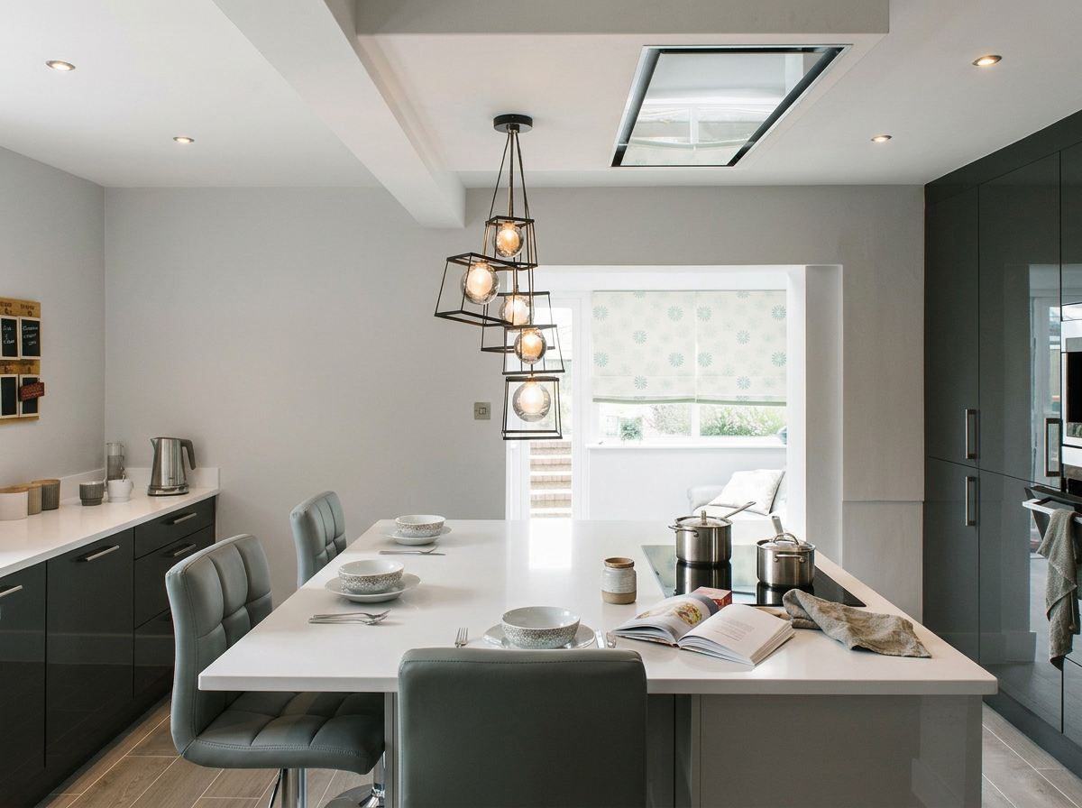 Modern kitchen with white island counter, gray chairs, and black cabinetry, featuring pendant lighting, pots on stove, open cookbook, and decorative items.
