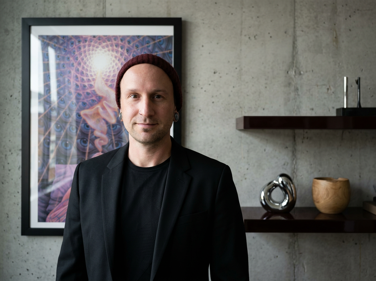 A man with a maroon beanie, black blazer, and black shirt standing in front of a concrete wall with modern art and decorative objects on shelves.