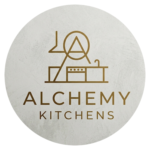 Logo for Alchemy Kitchens featuring stylized kitchen utensils and equipment in gold on a light gray background.