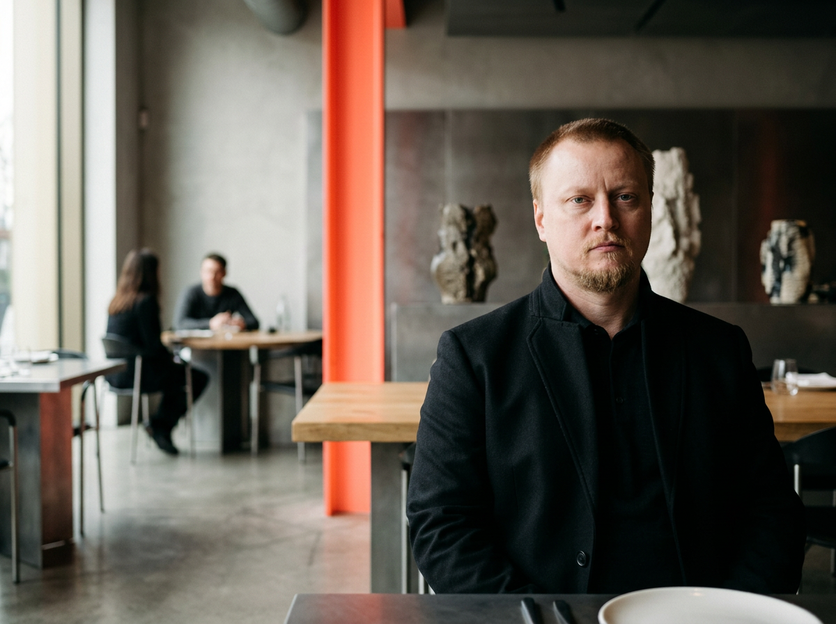 A man with short light brown hair, a beard, and a serious expression sitting in a modern restaurant or cafe, wearing a black blazer and shirt, with abstract sculptures in the background.