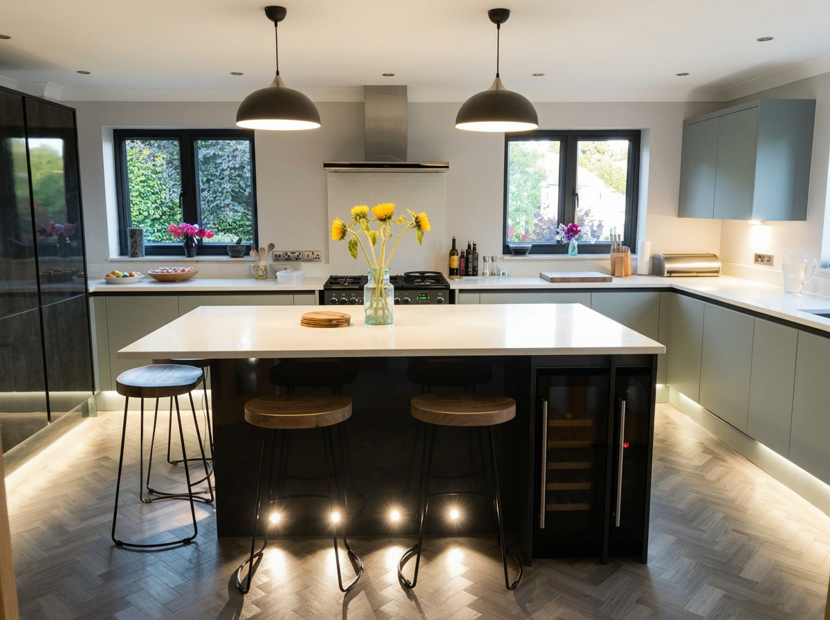 Modern kitchen featuring a large central island with a white countertop, three bar stools, pendant lighting, black and beige cabinets, two windows with pink and purple flowers, and various kitchen accessories.