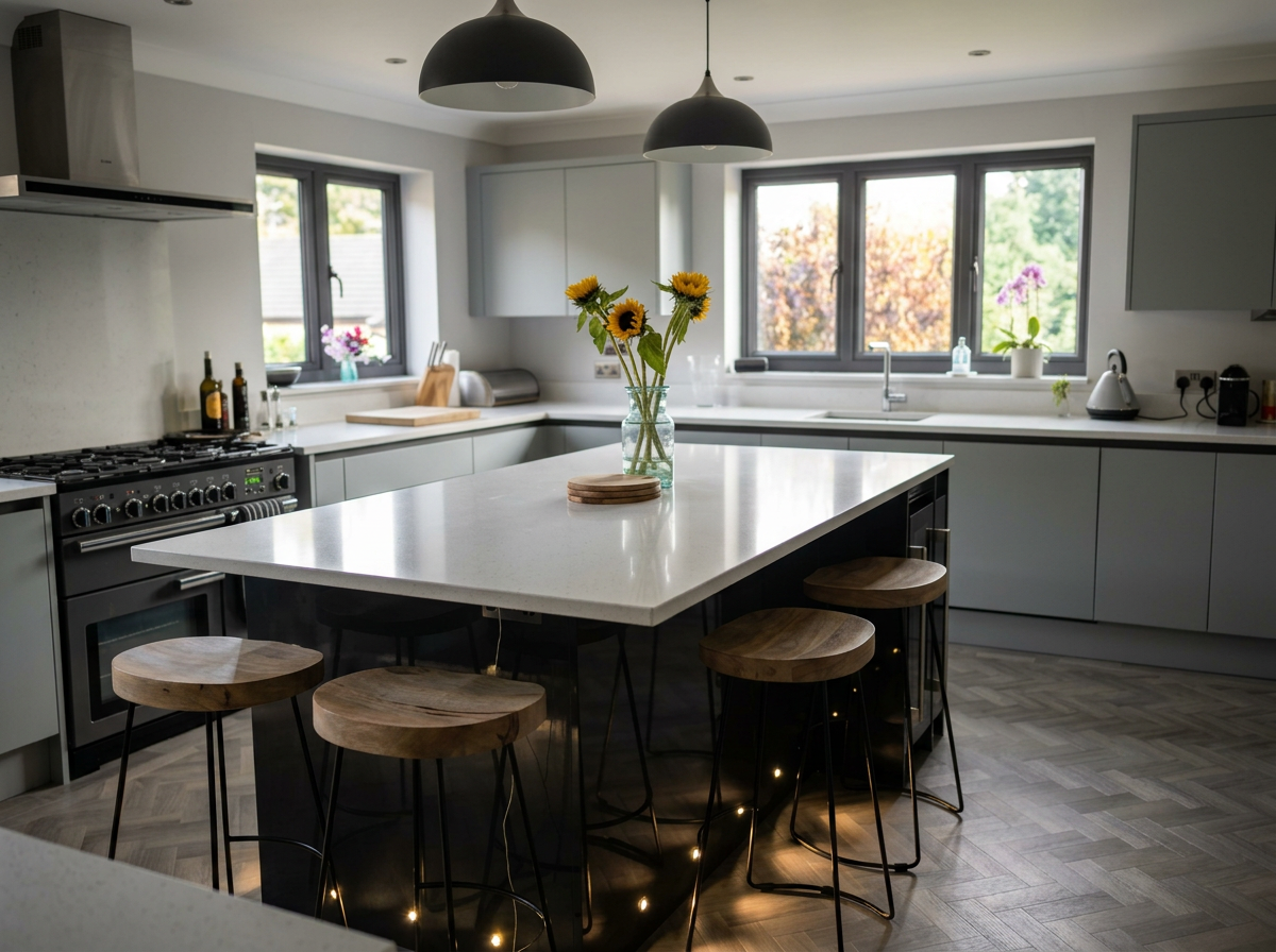 Modern kitchen with a central island, black stools with wooden seats, sunflower bouquet in a glass vase on the island, gray cabinets, black countertops, stainless steel oven, various bottles and kitchen items, large windows with trees outside, hanging black pendant lights.