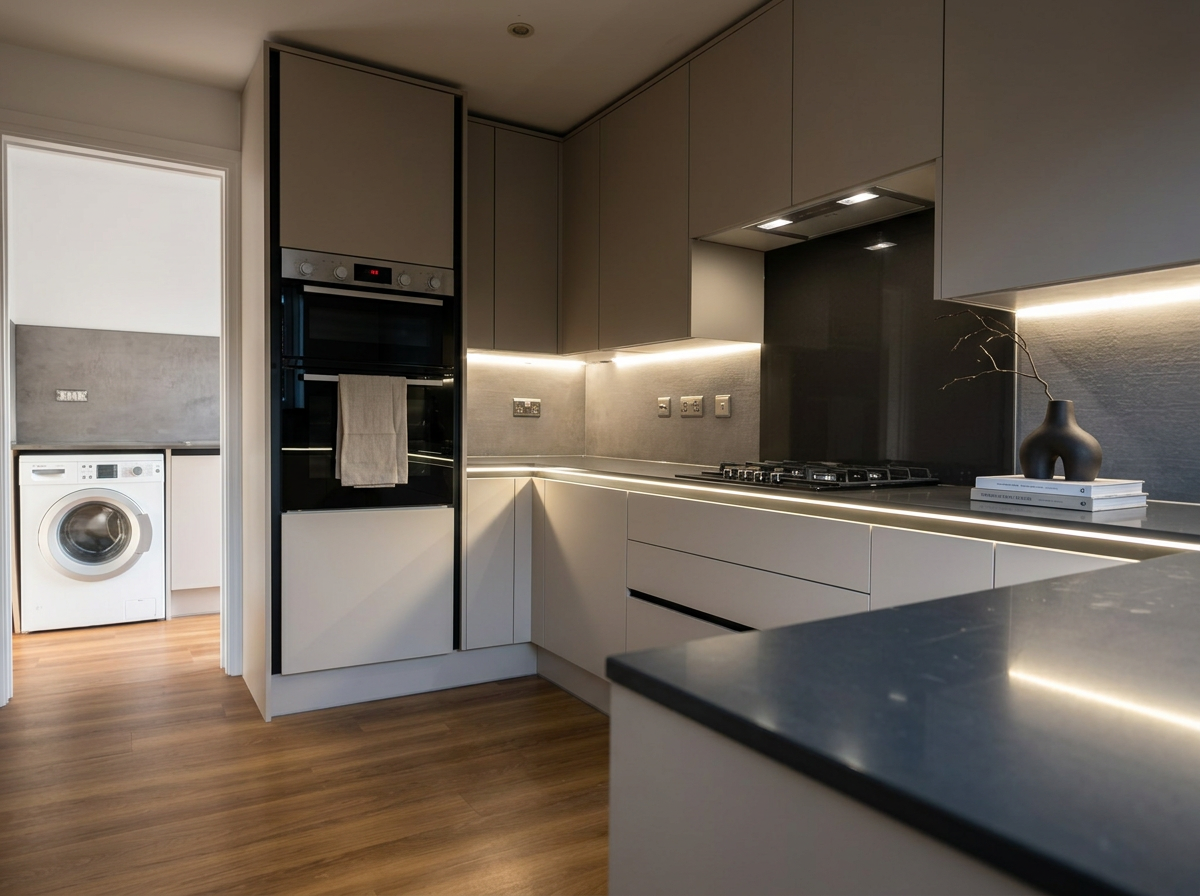 Modern kitchen with white cabinets, black countertop, built-in oven, gas stove, decorative vase with branches, and laundry area with washing machine visible through doorway.