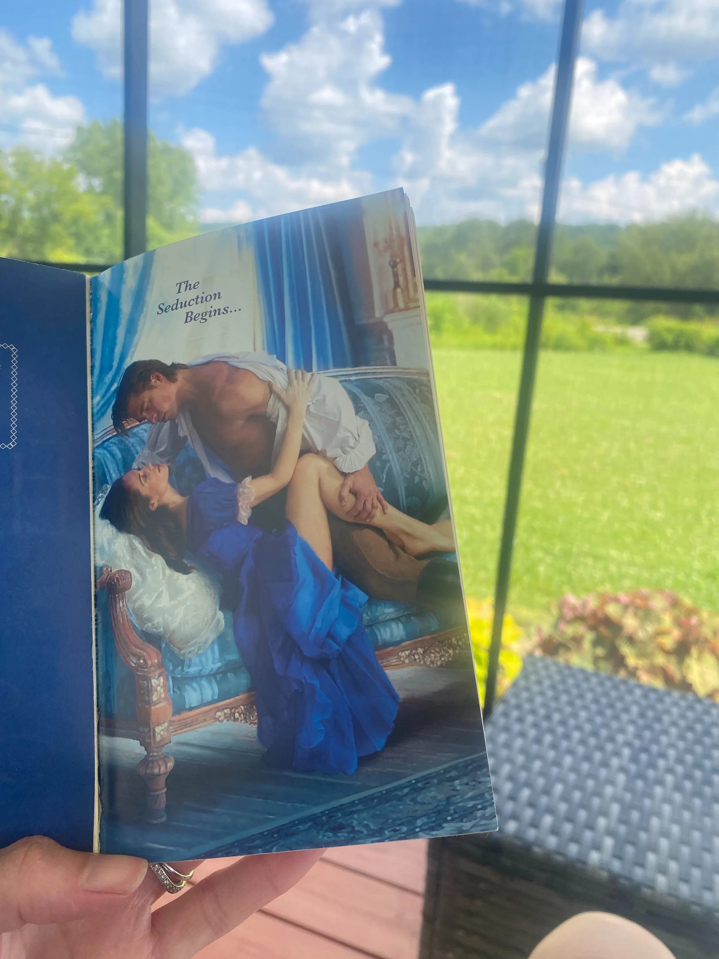 It&rsquo;s been awhile since I shared a stepback and here is one by a favorite author. 

A drawing room is where the couple finds themselves in. Behind them are blue velvet drapes and a hint of a mantle&mdash;all reflecting the elegant allure of the 