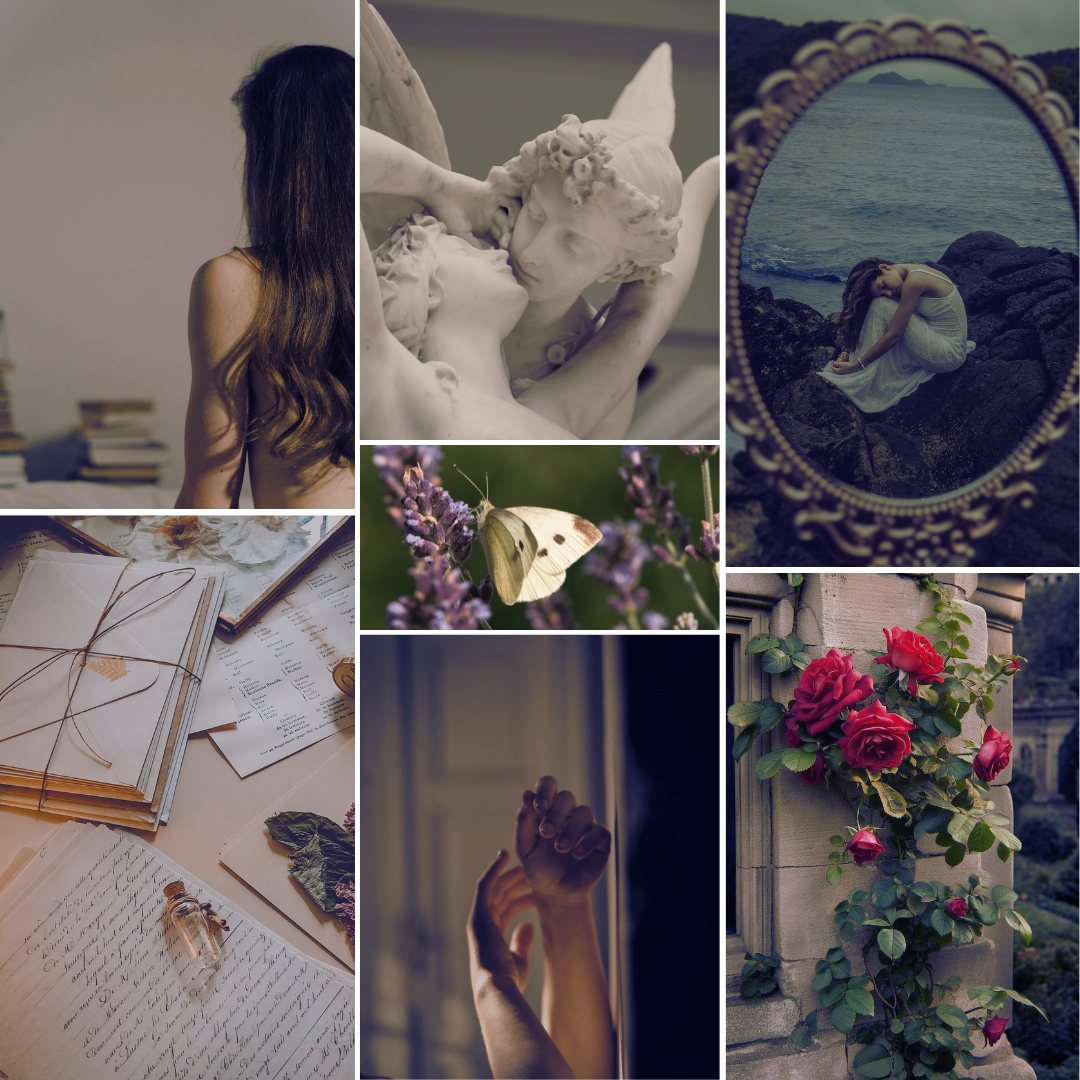 Collage of various images including a woman with long hair, a marble sculpture of two kissing figures, a woman sitting on rocks by the sea, a butterfly on lavender flowers, a hand reaching for the window, a stack of handwritten letters tied with string, pink roses climbing a stone wall, and a woman reading a book.