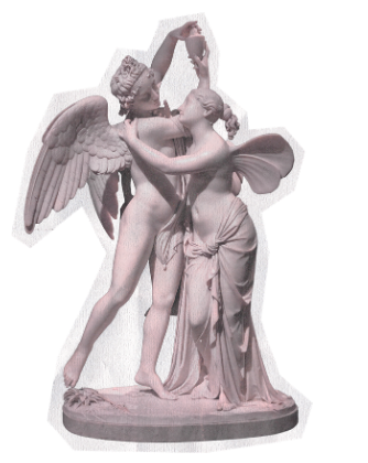 A sculpture of two figures, one with wings, embracing with their faces close together, on a circular base.