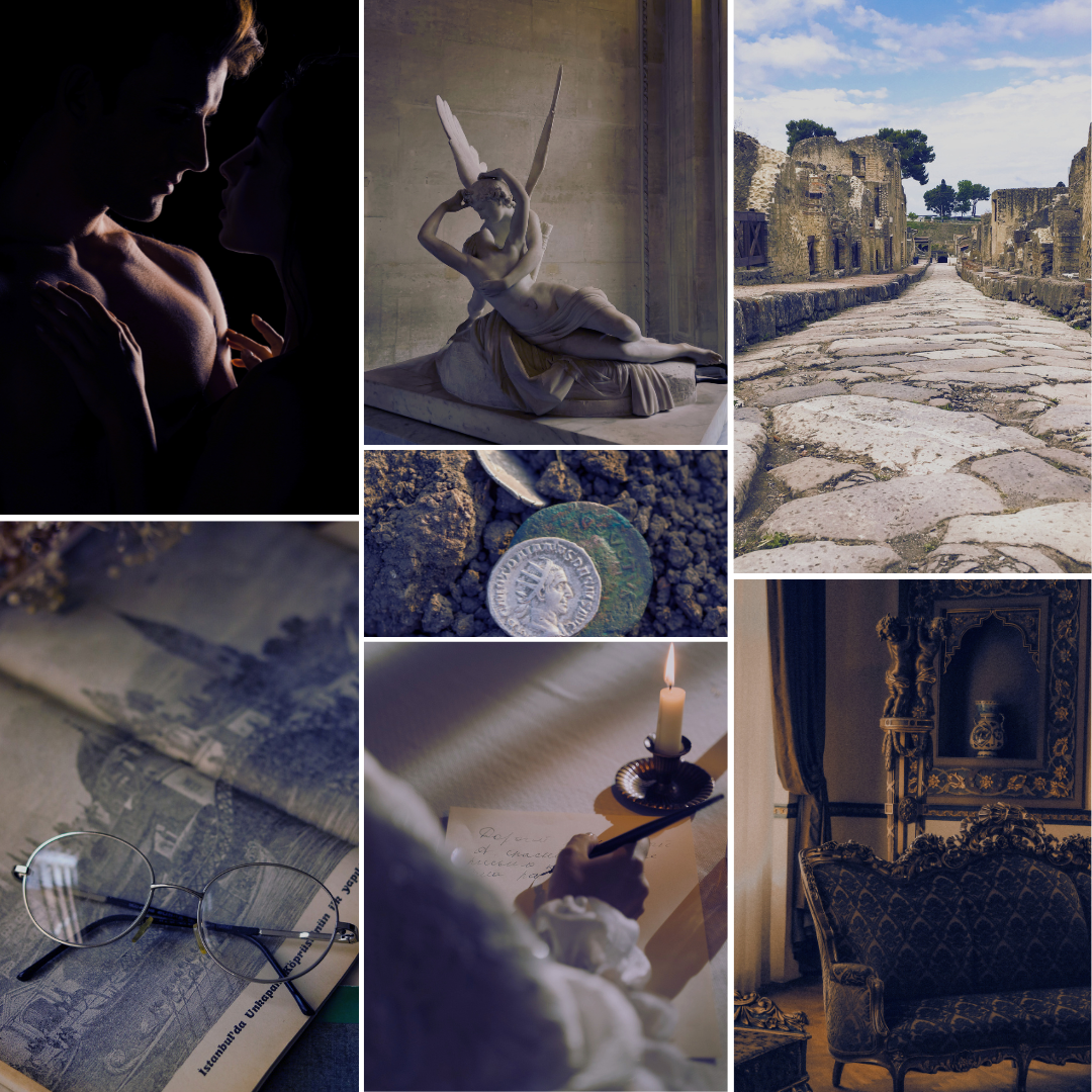 Collage of various scenes: intimate couple in love, classical sculpture of a reclining woman with wings, ancient Roman ruins with cobblestone street, archaeological coin buried in dirt, vintage glasses and a map, candlelit writing scene, ornate antique furniture and curtains in a luxurious room.