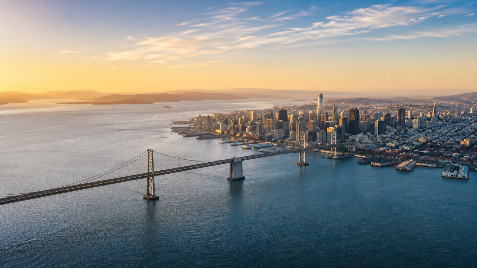 An aerial view of San Francisco skyline at sunset with the Golden Gate Bridge in the foreground and the Bay Area with water and distant hills.