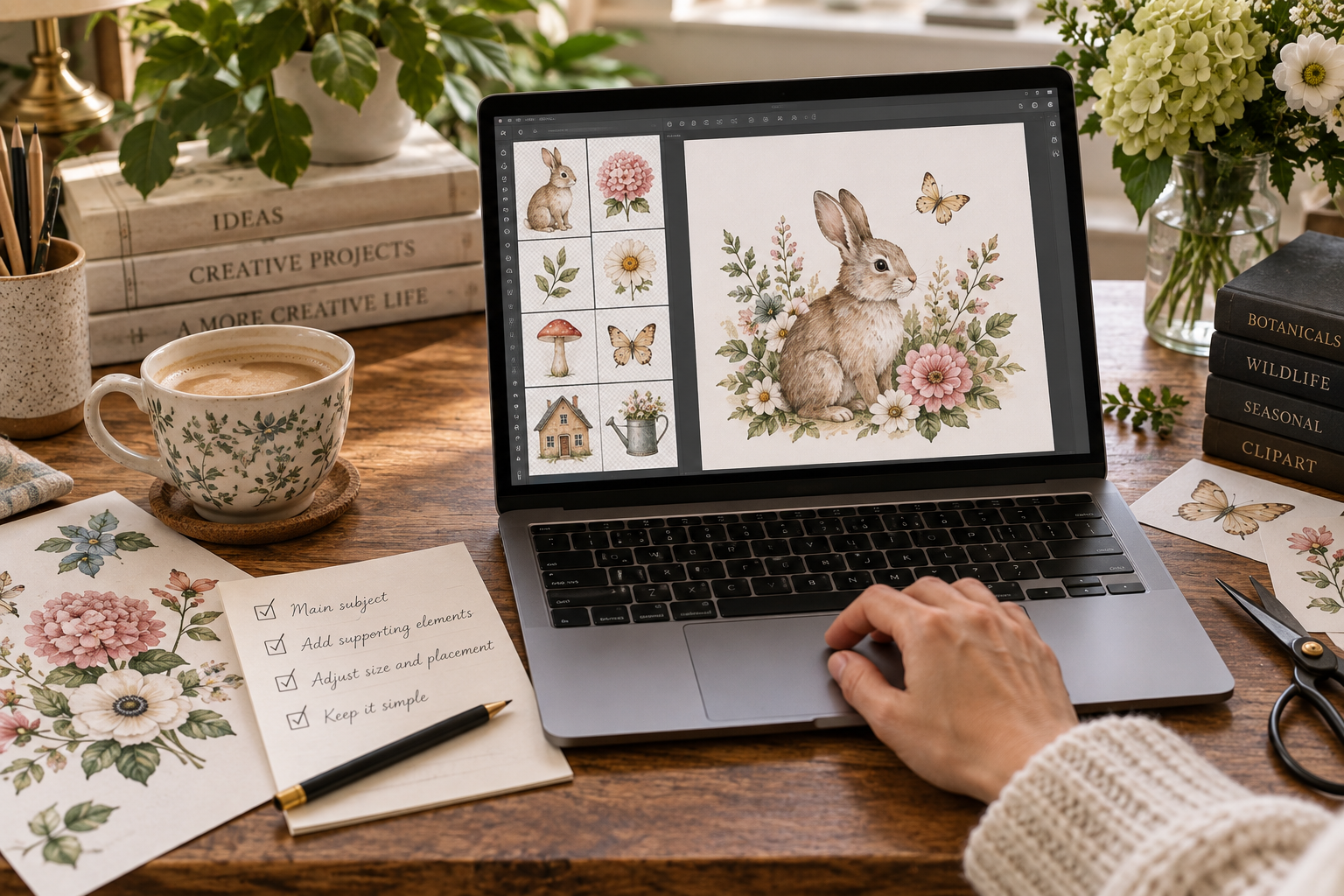 Person combining watercolor rabbit, floral, mushroom, and butterfly clipart on a laptop while adjusting the design at a home creative workspace.