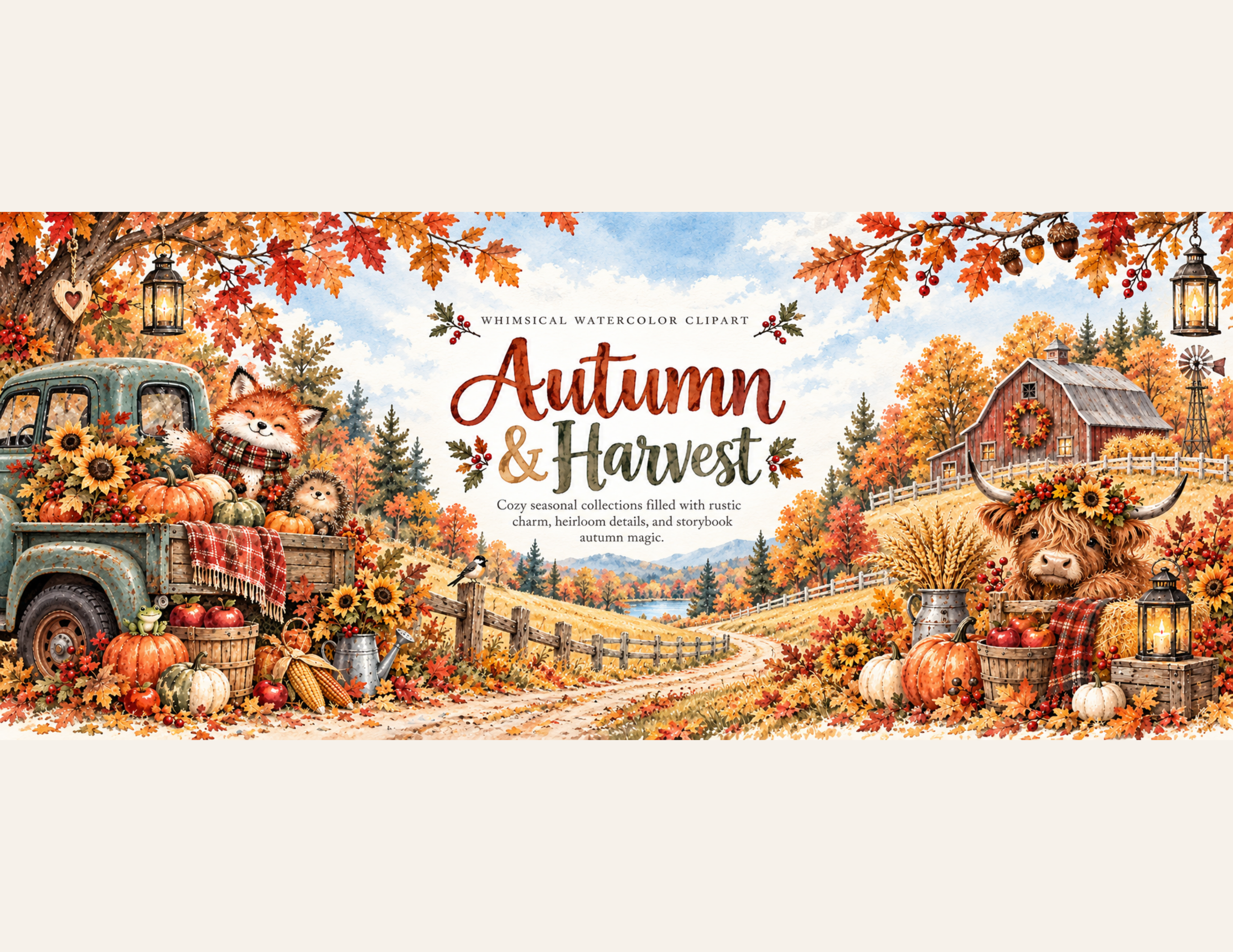 Whimsical watercolor autumn countryside with vintage farm truck, fox, hedgehog, Highland cow, pumpkins, sunflowers, red barn, lanterns, and fall foliage