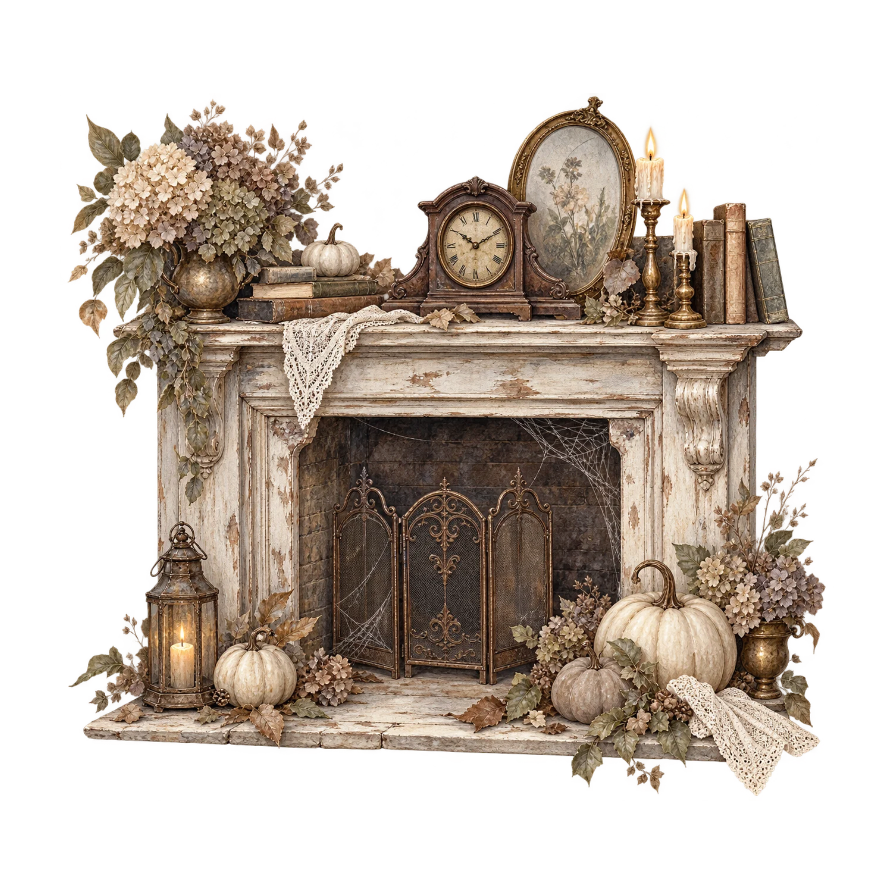 Vintage watercolor haunted heirloom fireplace with antique clock, candles, lace, dried flowers, pumpkins, and aged decor