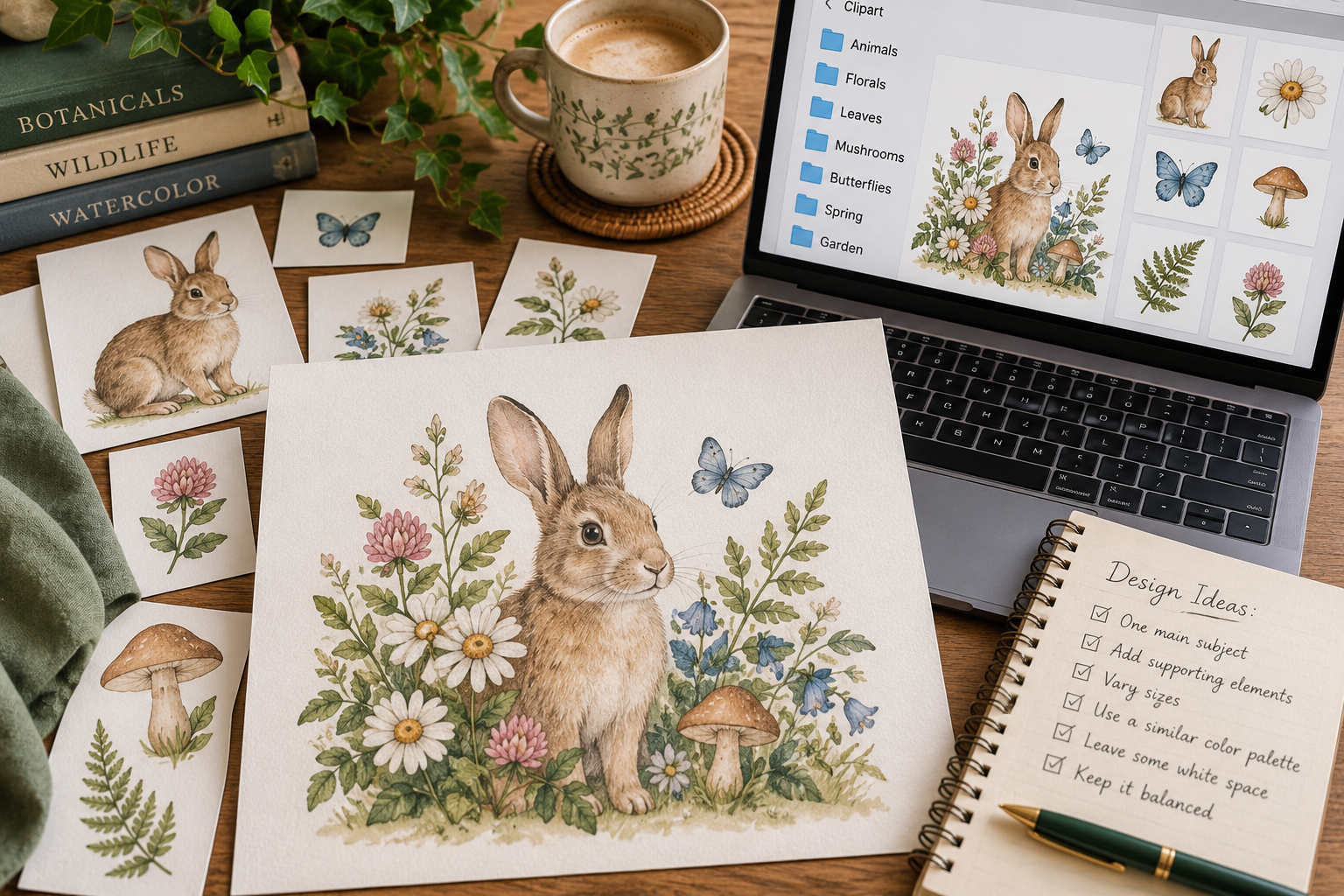 Finished watercolor rabbit composition beside separate clipart pieces, a laptop, and handwritten design notes about balance, color, scale, and white space.