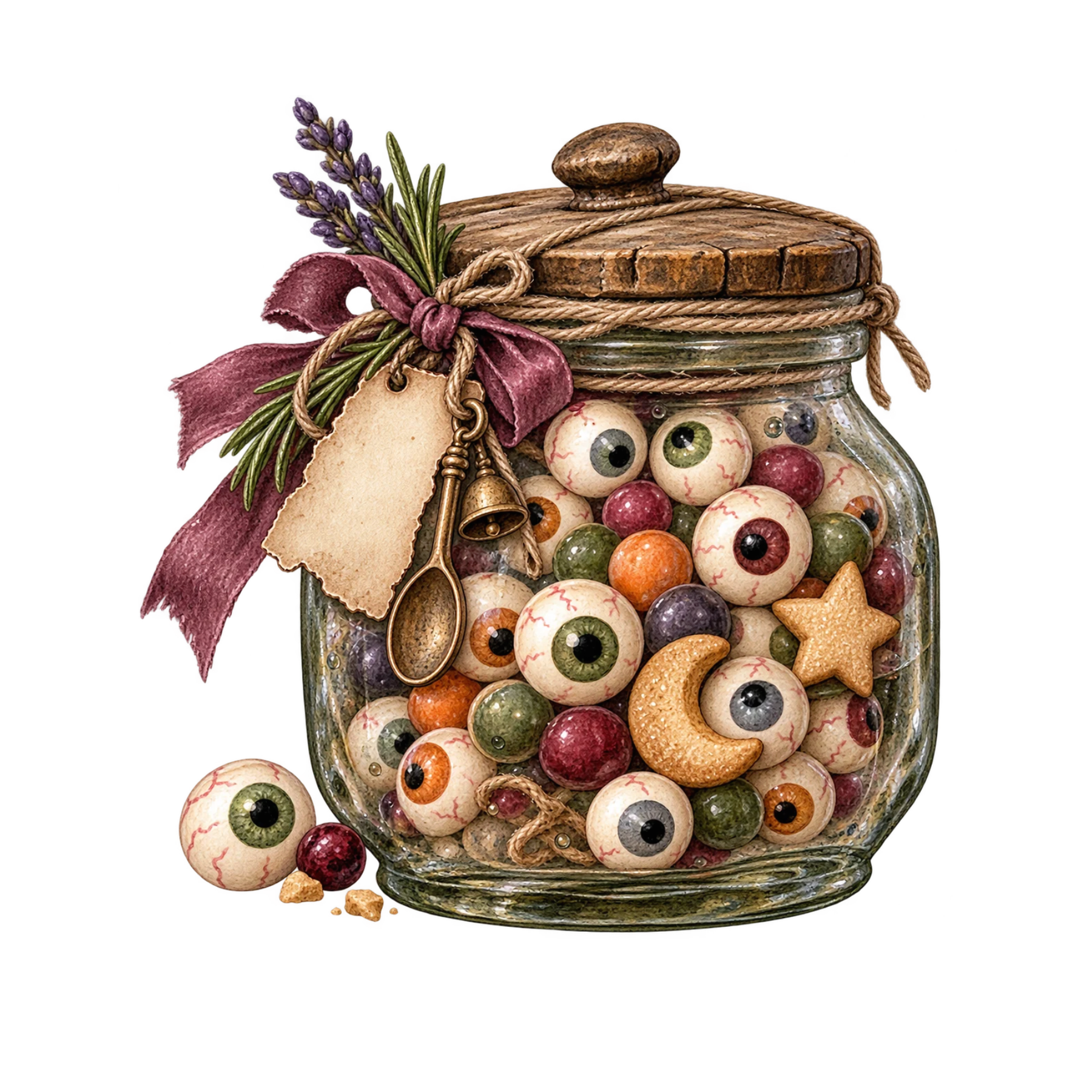 Watercolor witchy kitchen jar filled with colorful candy eyes, vintage lid, ribbon, herbs, and quirky Halloween details