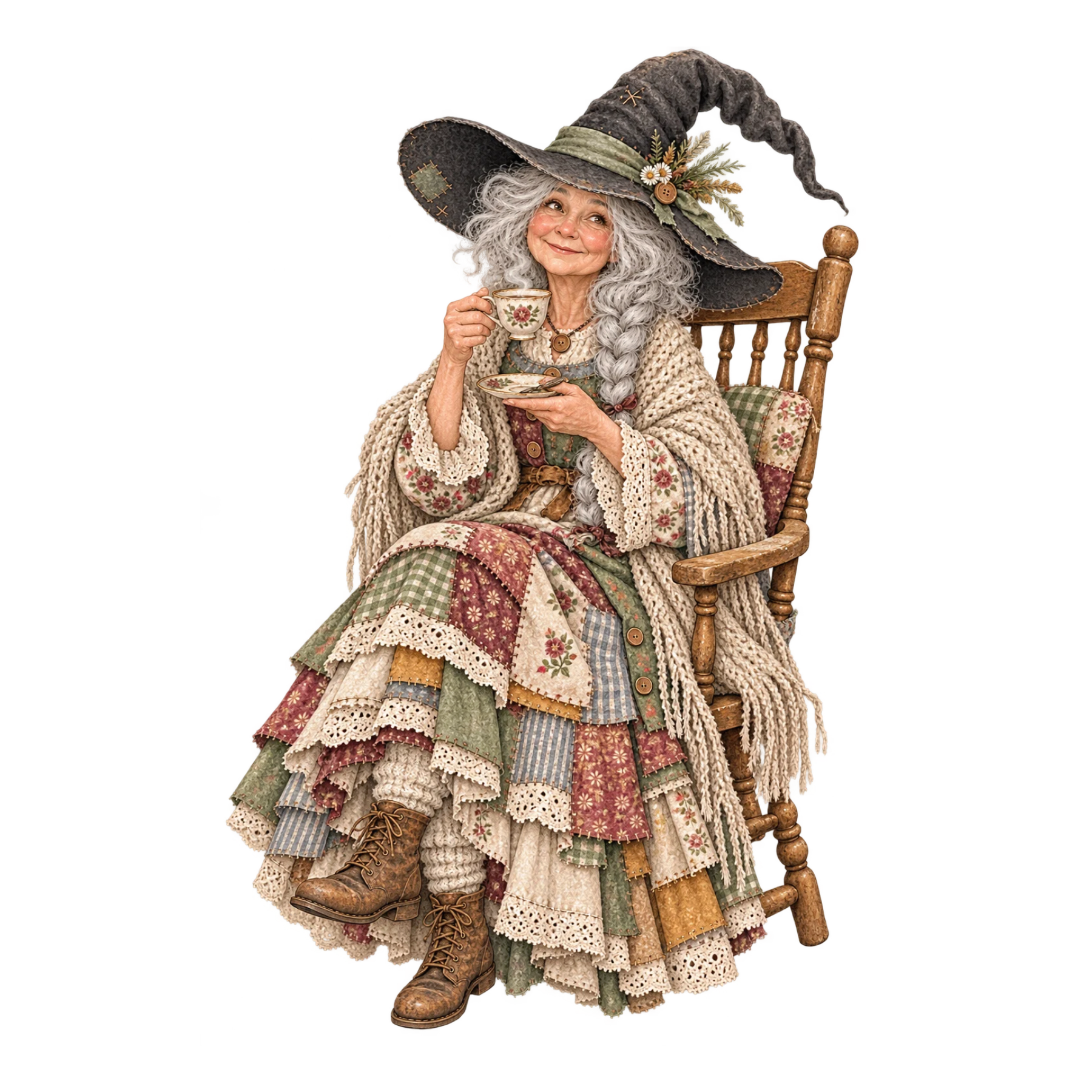 Vintage watercolor witch wearing layered patchwork cottage clothing and weathered hat with warm Halloween details