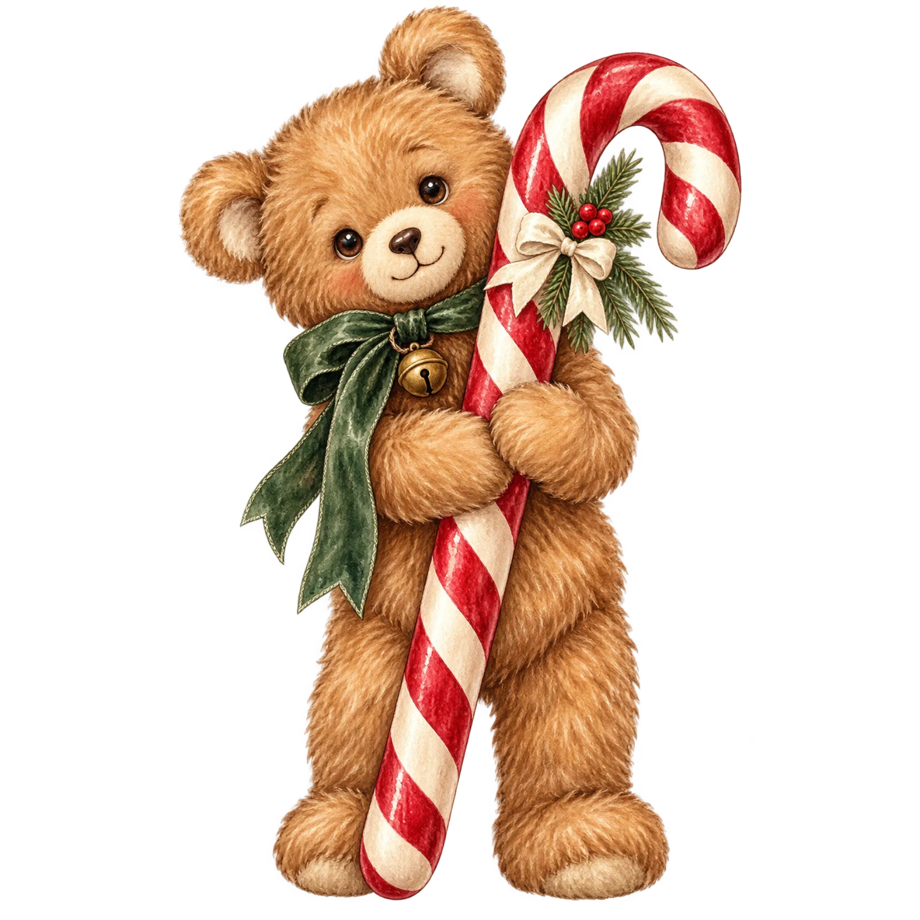 Sweet watercolor Christmas teddy bear holding a candy cane with green bow, holly, berries, and festive details