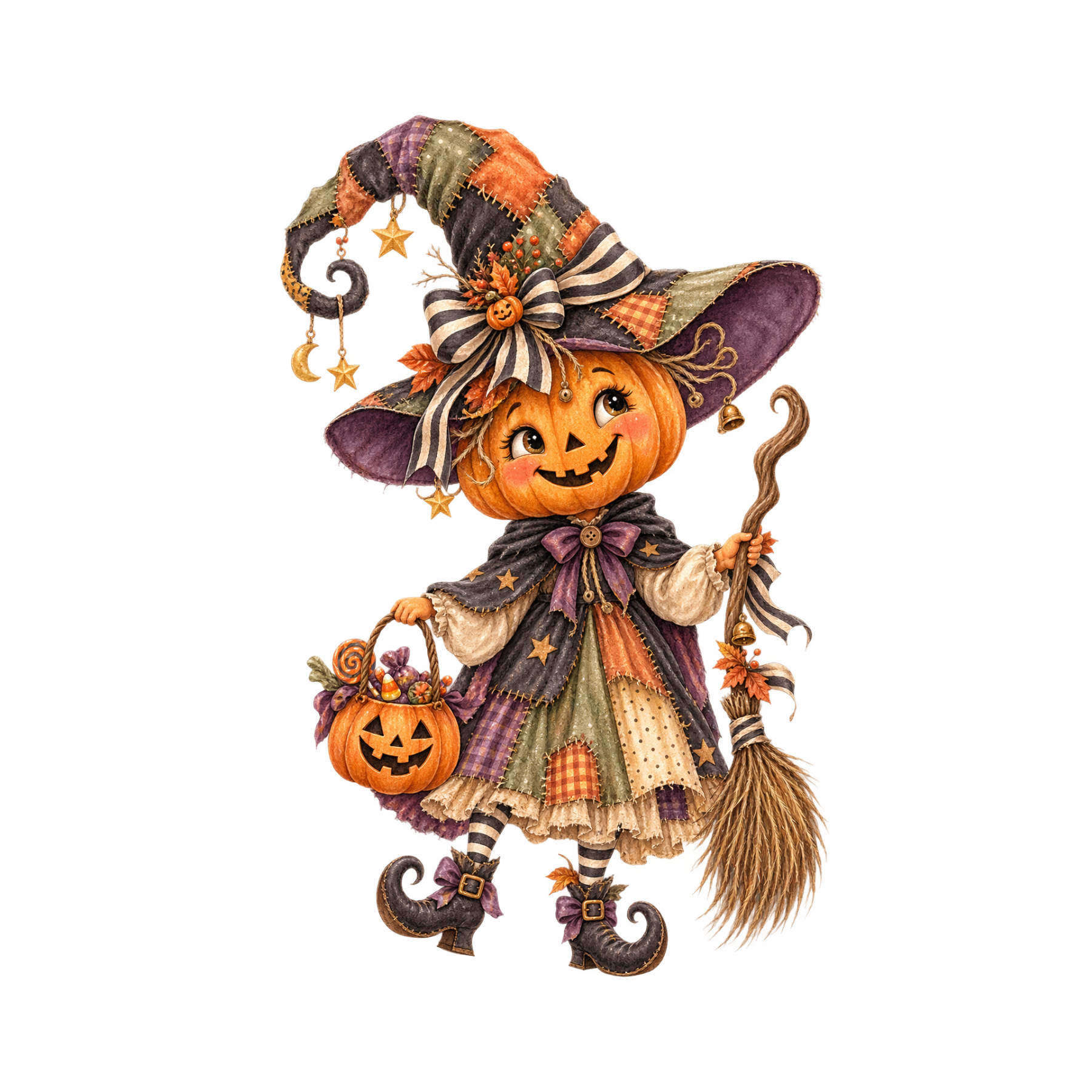 Quirky watercolor pumpkin witch character with patchwork hat, broom, autumn accents, and playful Halloween details