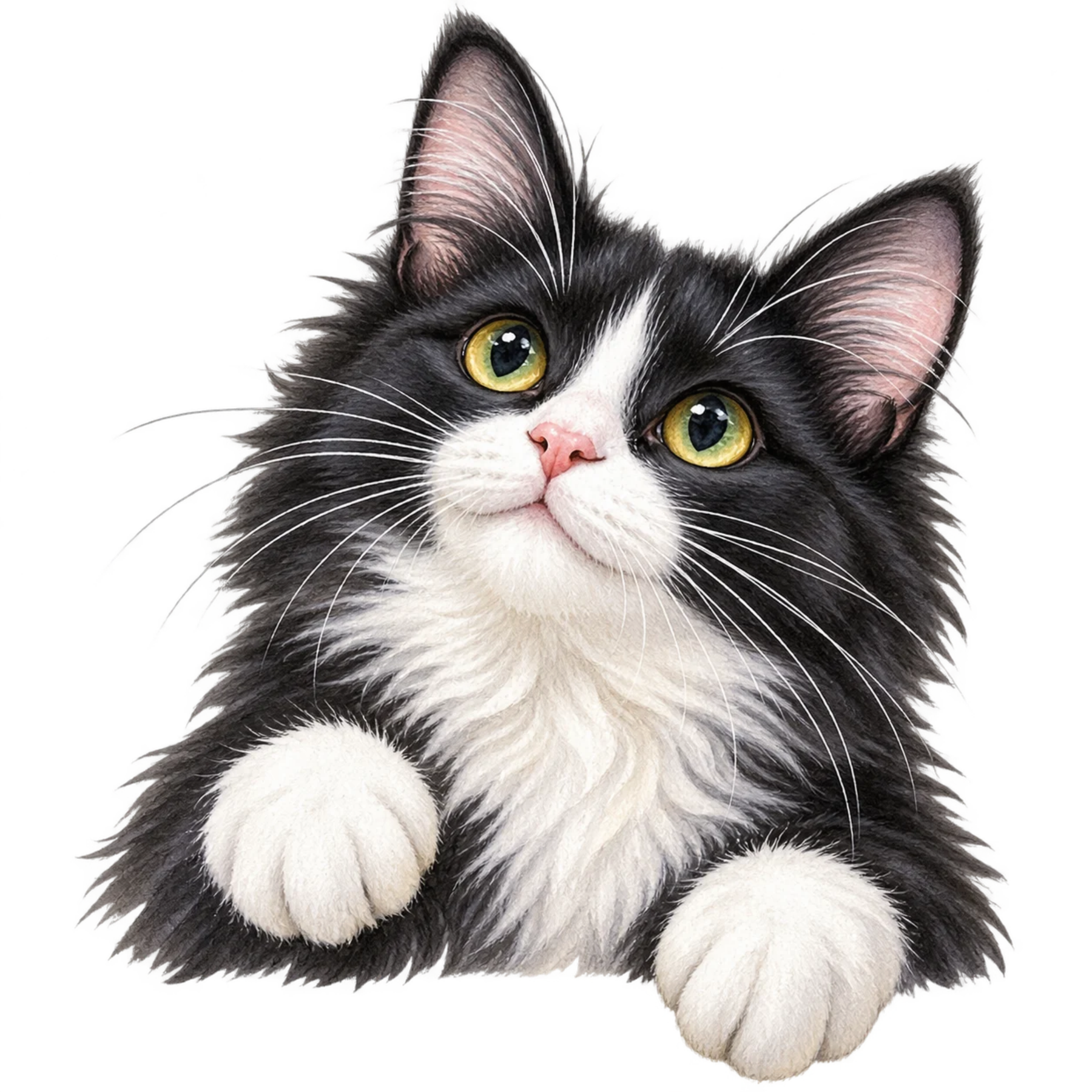 Black and white tuxedo cat peeking forward with bright eyes and fluffy paws.