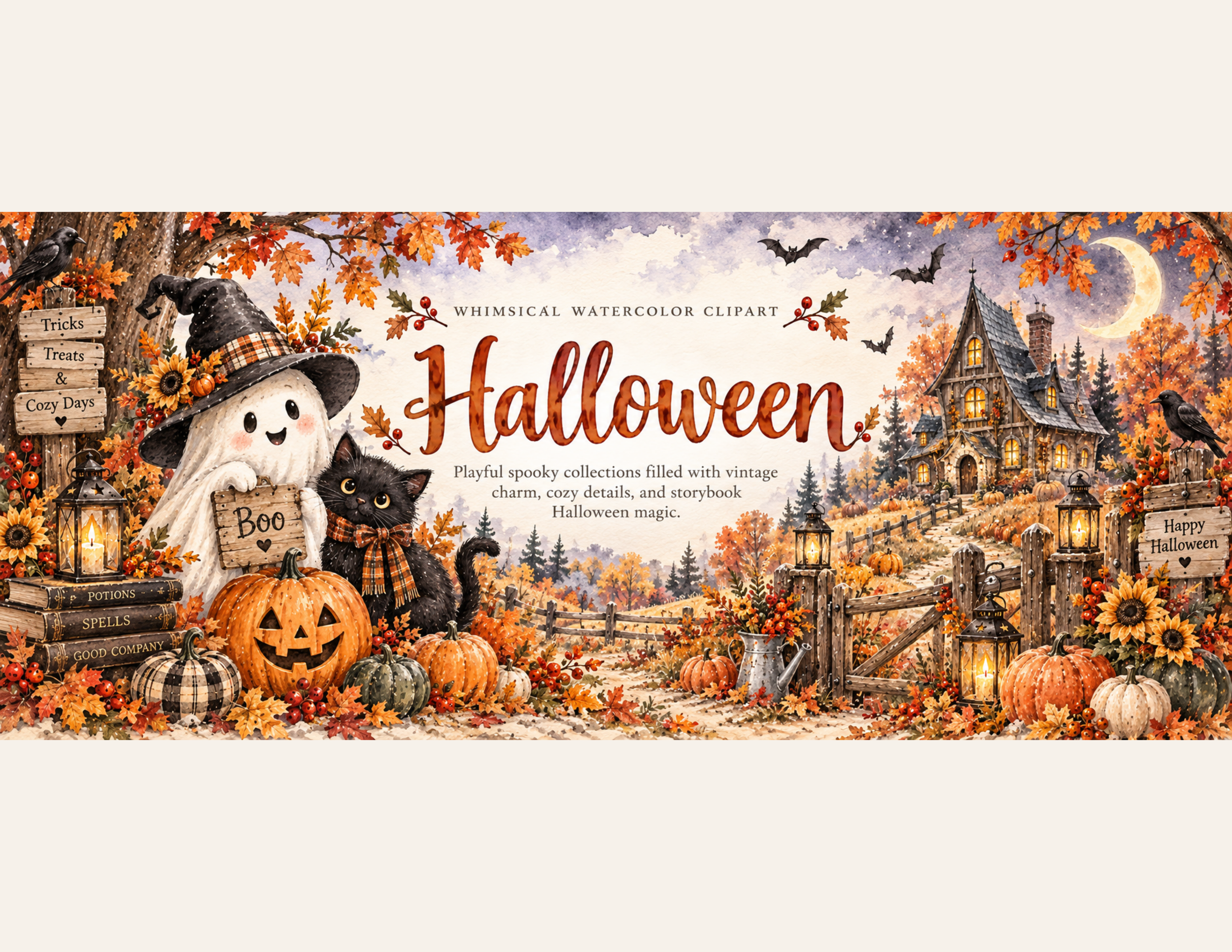 Whimsical watercolor Halloween countryside with friendly ghost, black cat, jack-o-lanterns, haunted cottage, crescent moon, bats, lanterns, and autumn foliage