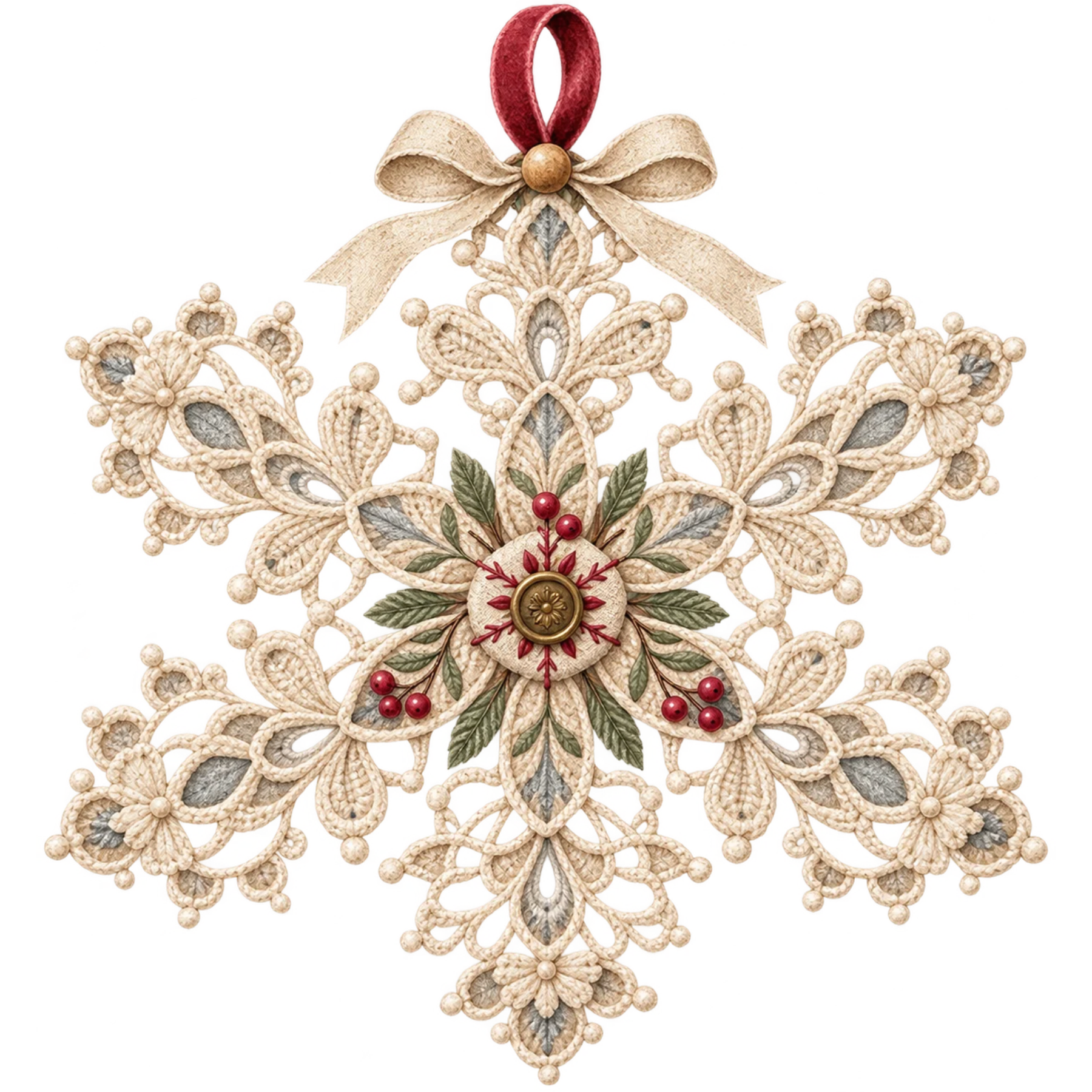 Heirloom Christmas snowflake ornament with lace-like folk art details, ribbon, stitching, and vintage handmade styling