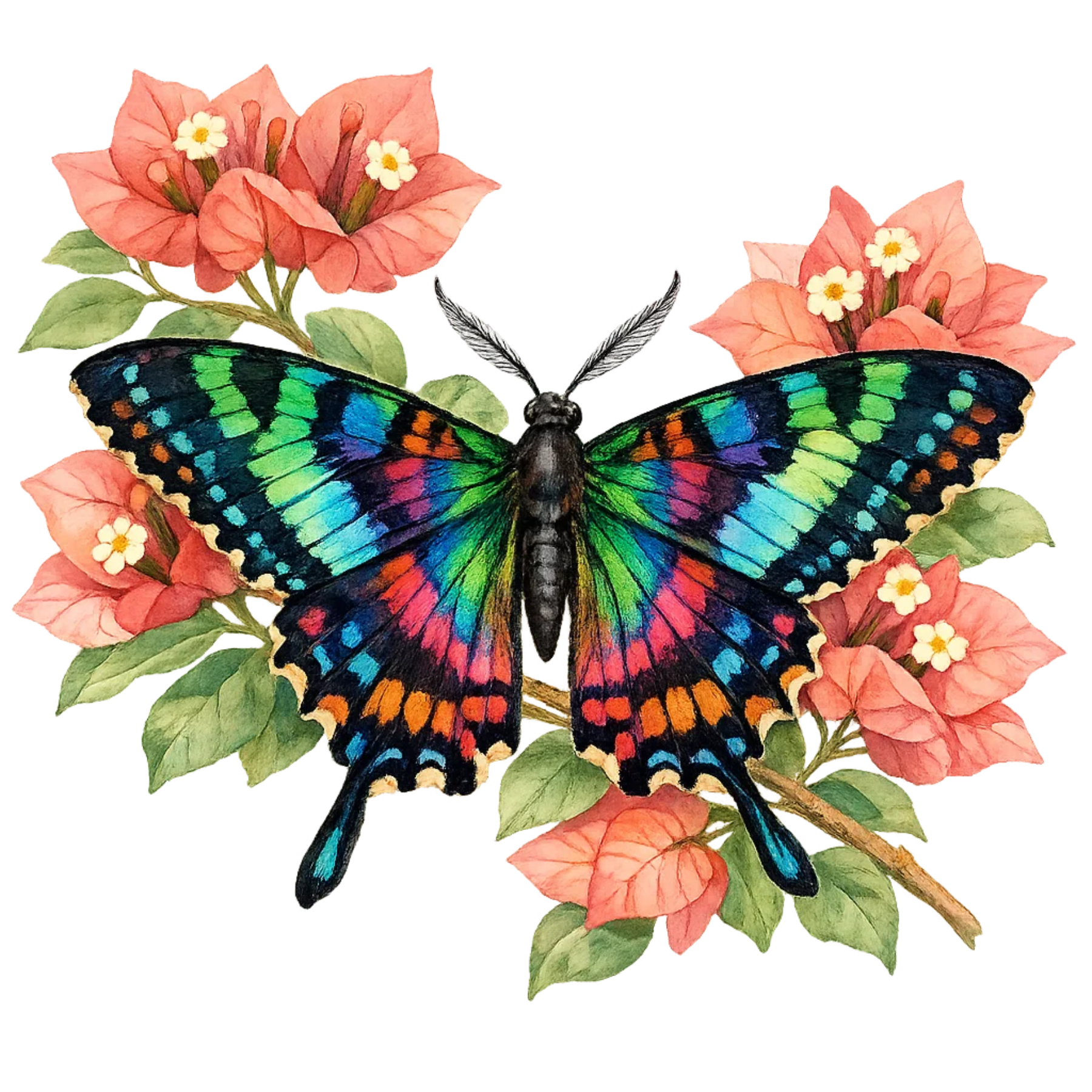 Watercolor moth clipart collection featuring luna moths, hawk moths, tiger moths, silk moths, and other detailed species with woodland leaves, flowers, and botanical accents on transparent backgrounds.