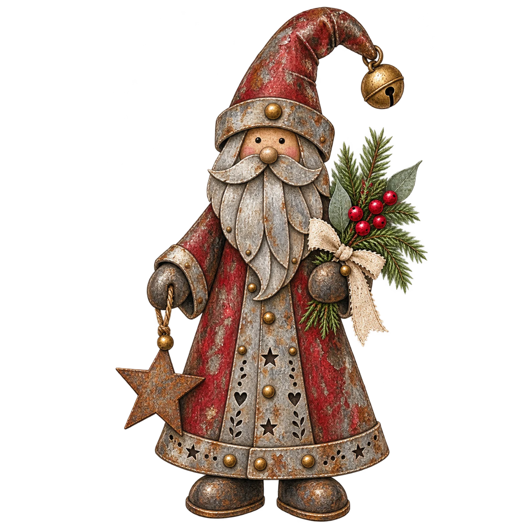 ustic antique metal Christmas gnome with weathered tin, brass accents, greenery, berries, and vintage holiday details
