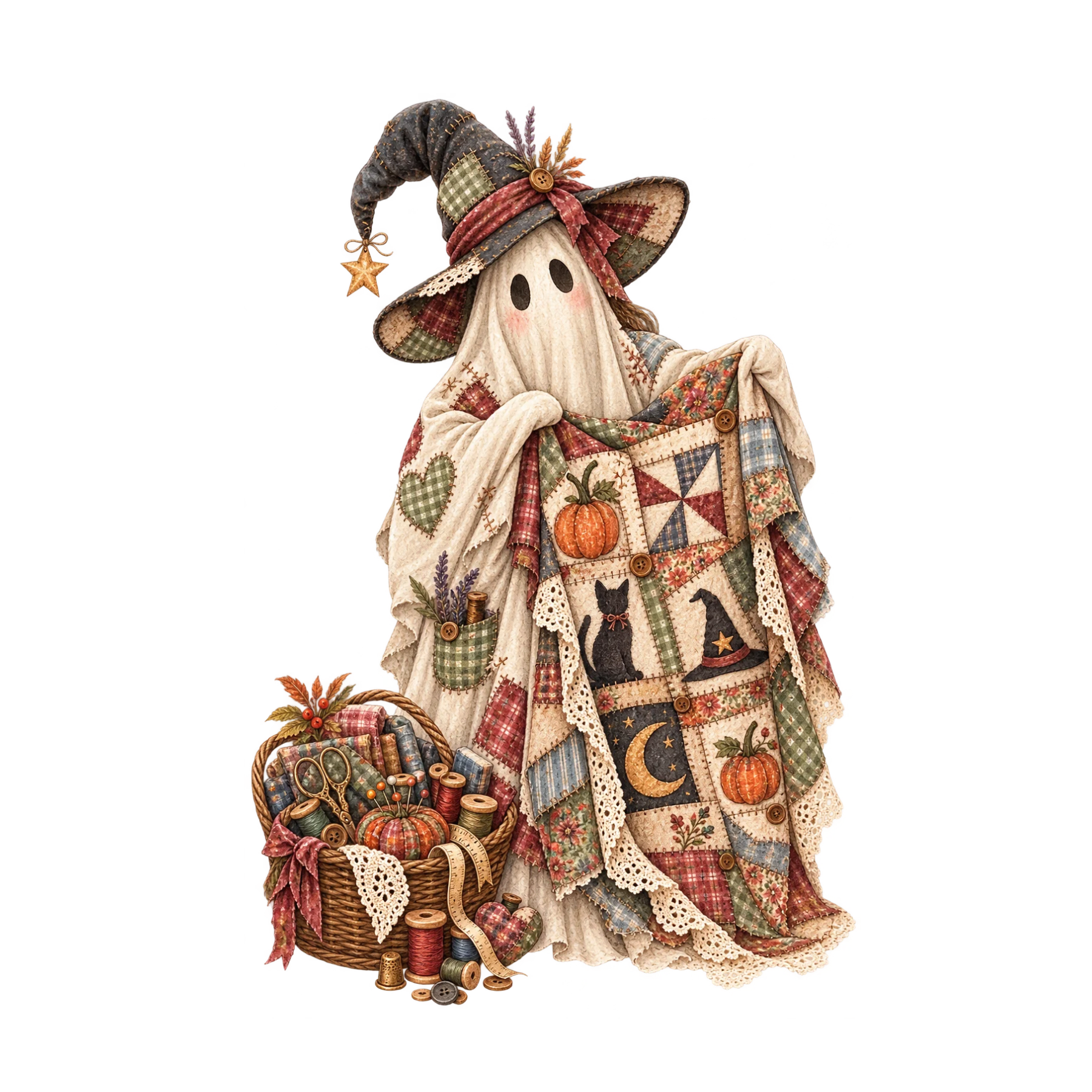 Watercolor Halloween sewing ghost with patchwork fabrics, stitched details, sewing basket, and vintage handmade accessories