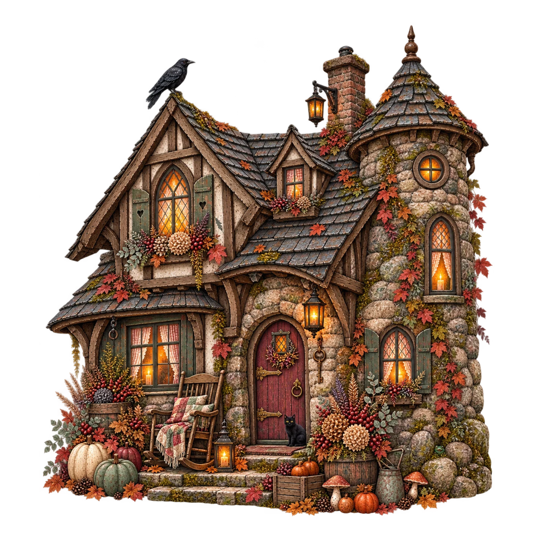 Watercolor haunted cottage with glowing windows, pumpkins, autumn leaves, crooked rooflines, and cozy Halloween details