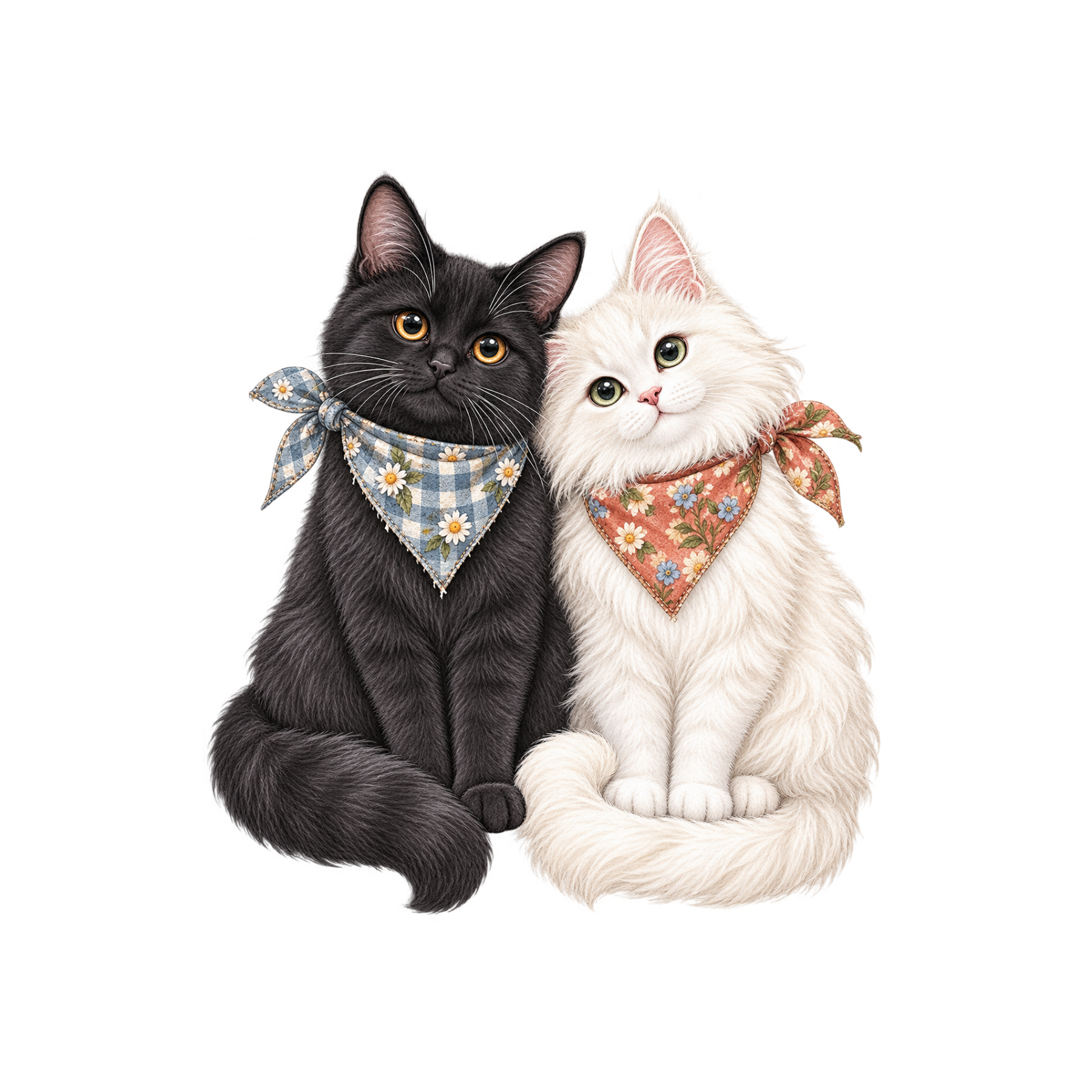 Black and white watercolor cats sitting together wearing patterned cottagecore neck scarves.