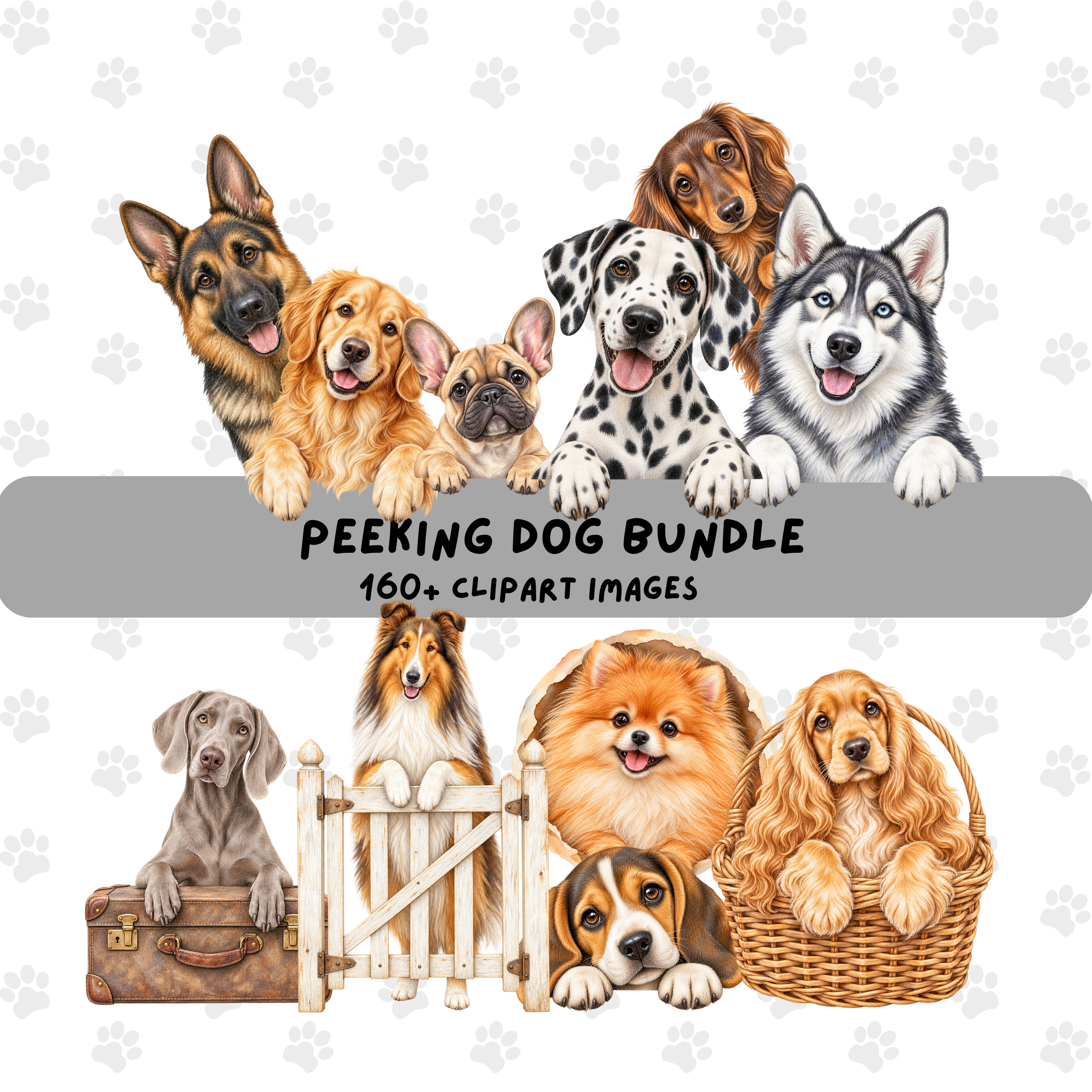 Collection preview featuring many watercolor peeking dogs in different breeds, sizes, colors, and poses.