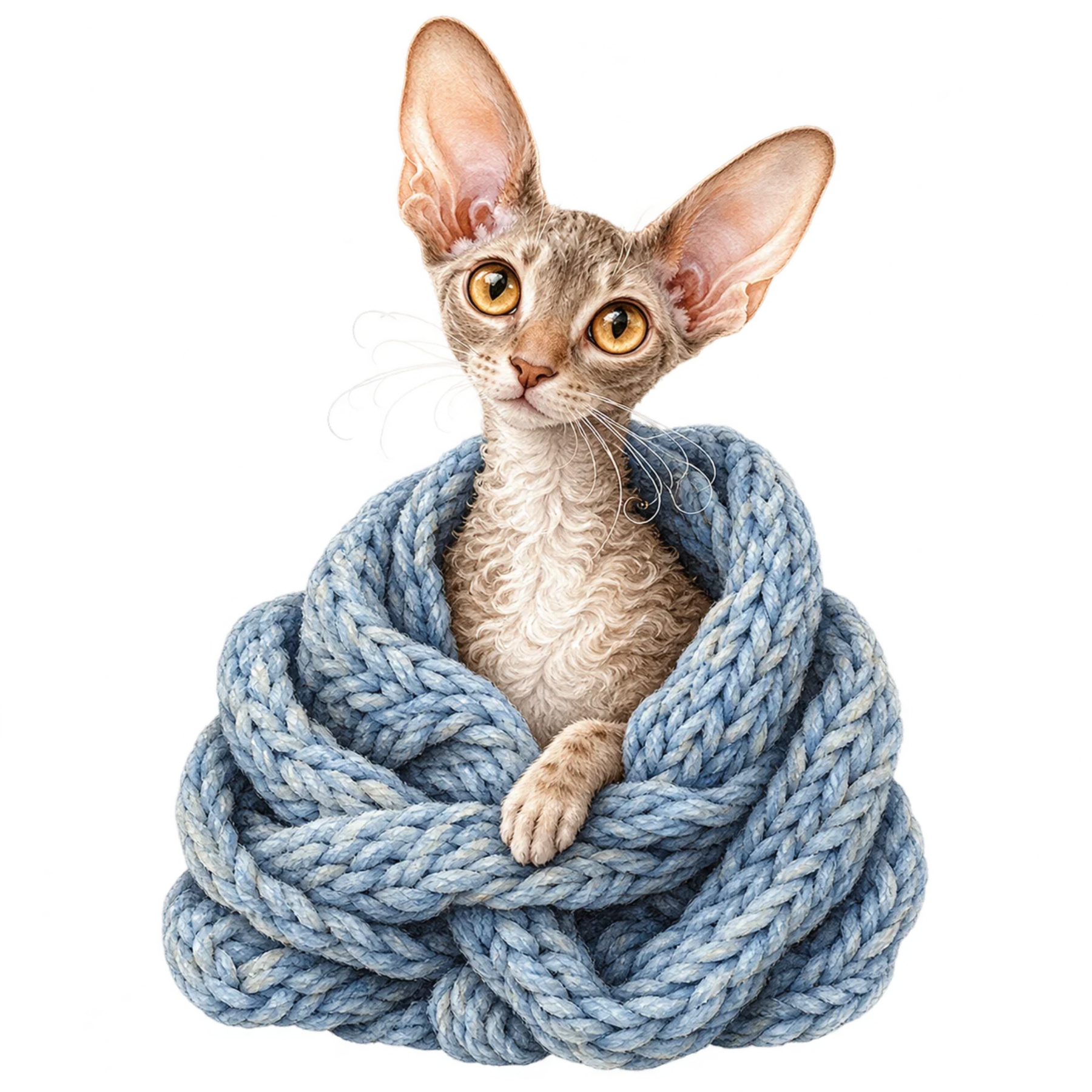 Hairless Sphynx cat wrapped cozily in a chunky blue knitted blanket.