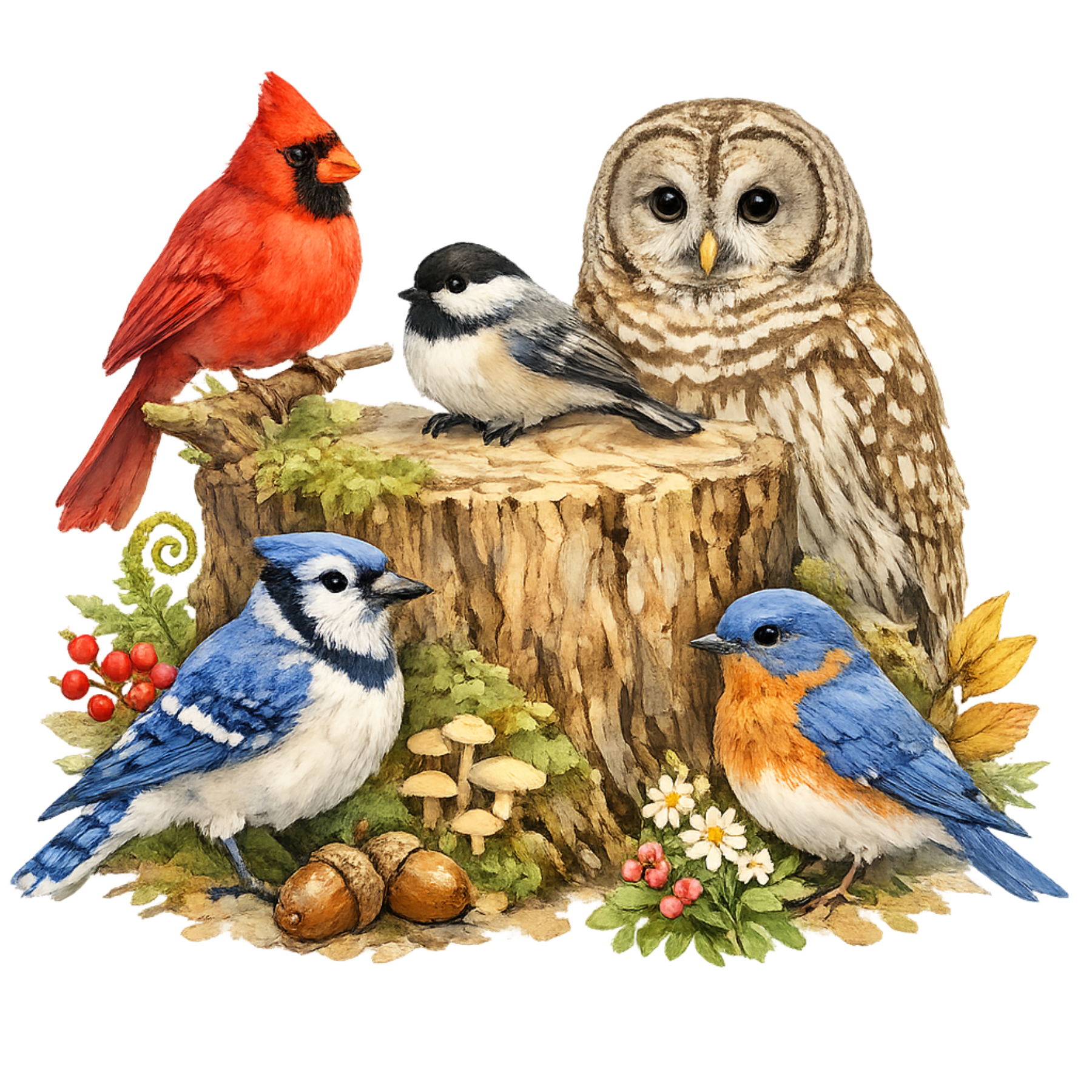 Whimsical watercolor woodland bird clipart collection featuring colorful songbirds, owls, woodpeckers, forest branches, berries, nests, and botanical details on transparent backgrounds.