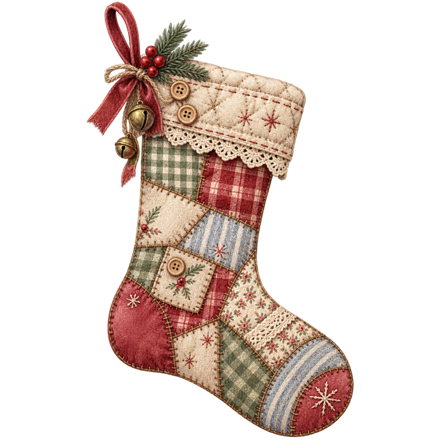 Patchwork Christmas stocking with plaid, gingham, lace trim, buttons, ribbon, and handmade heirloom details