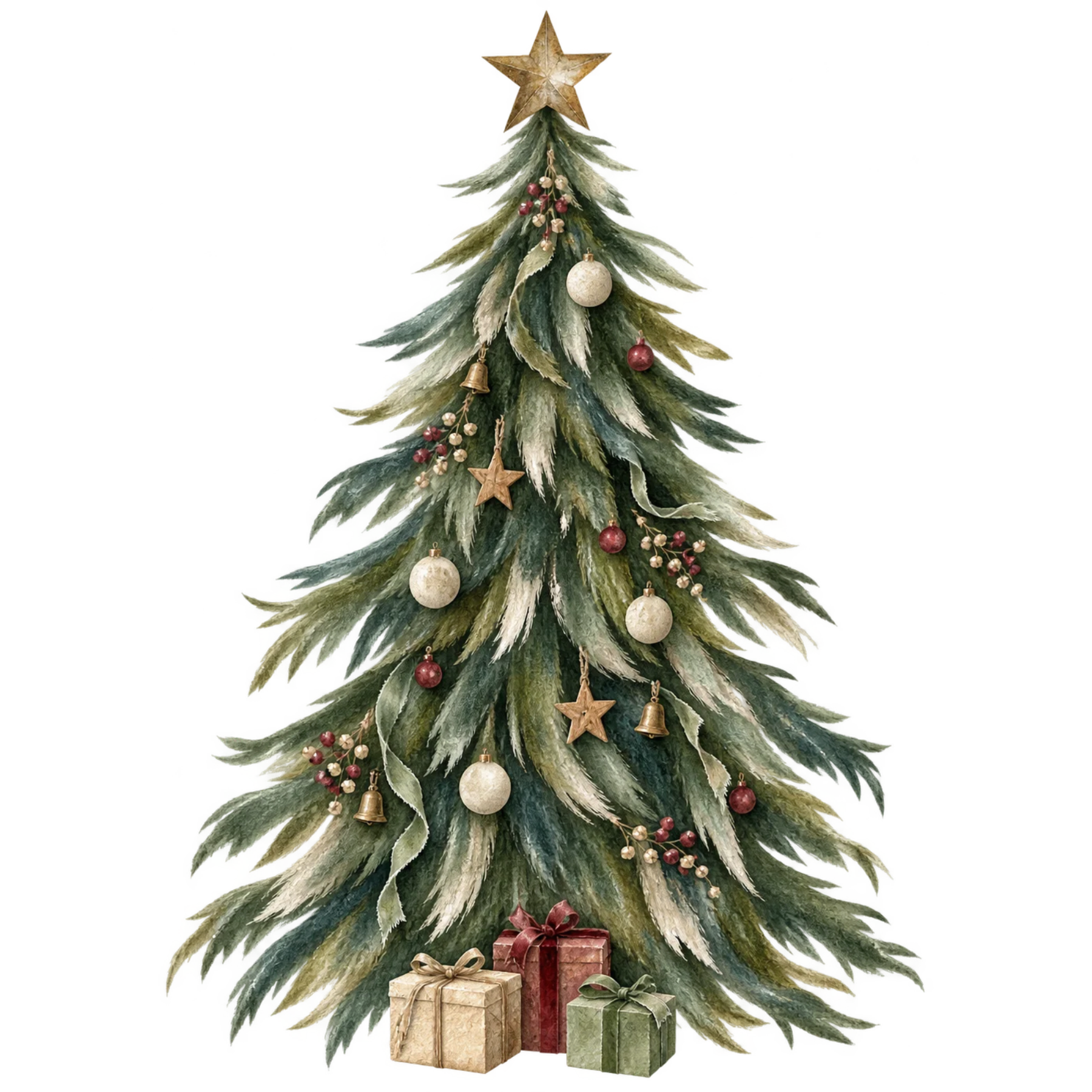 Hand-painted folk art Christmas tree with vintage ornaments, soft greenery, star topper, and rustic holiday details