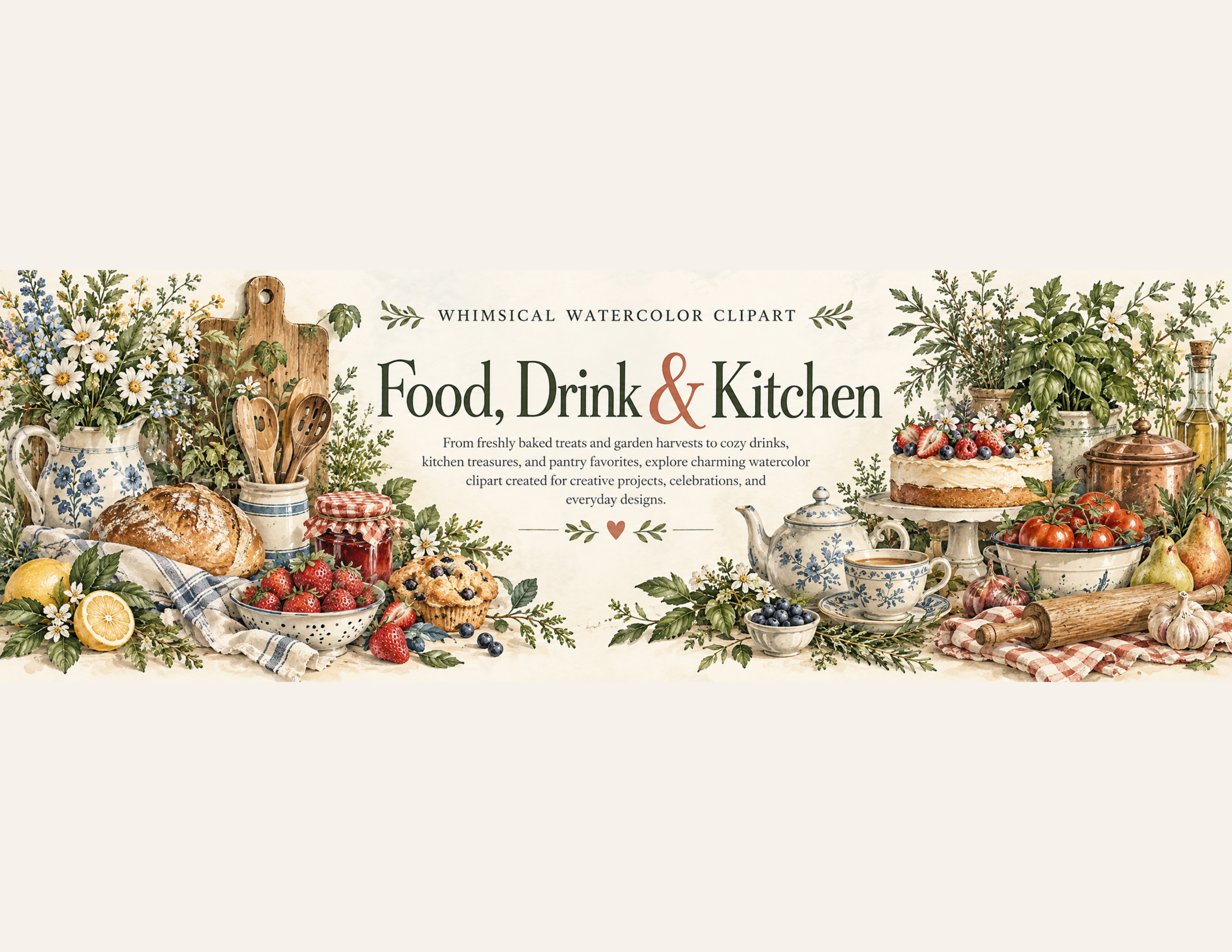 Watercolor food, drink and kitchen clipart featuring baked goods, fruit, cozy beverages, herbs and vintage kitchenware by Frog Punk Studio.