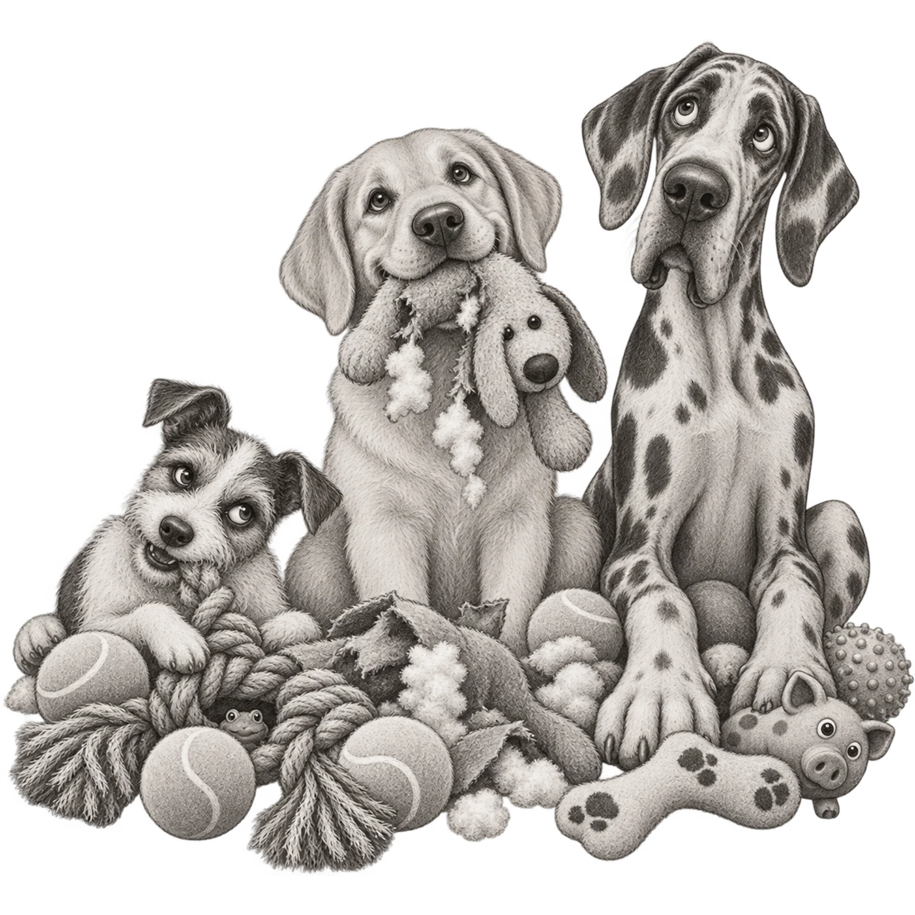 Black and white hand-drawn silly dogs surrounded by tennis balls, rope toys, and stuffed dog toys.