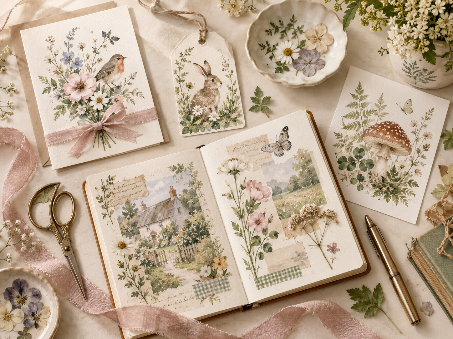 Creative flat-lay with watercolor clipart, journal pages, scissors, ribbon, flowers, and craft supplies on a cottage-style workspace.