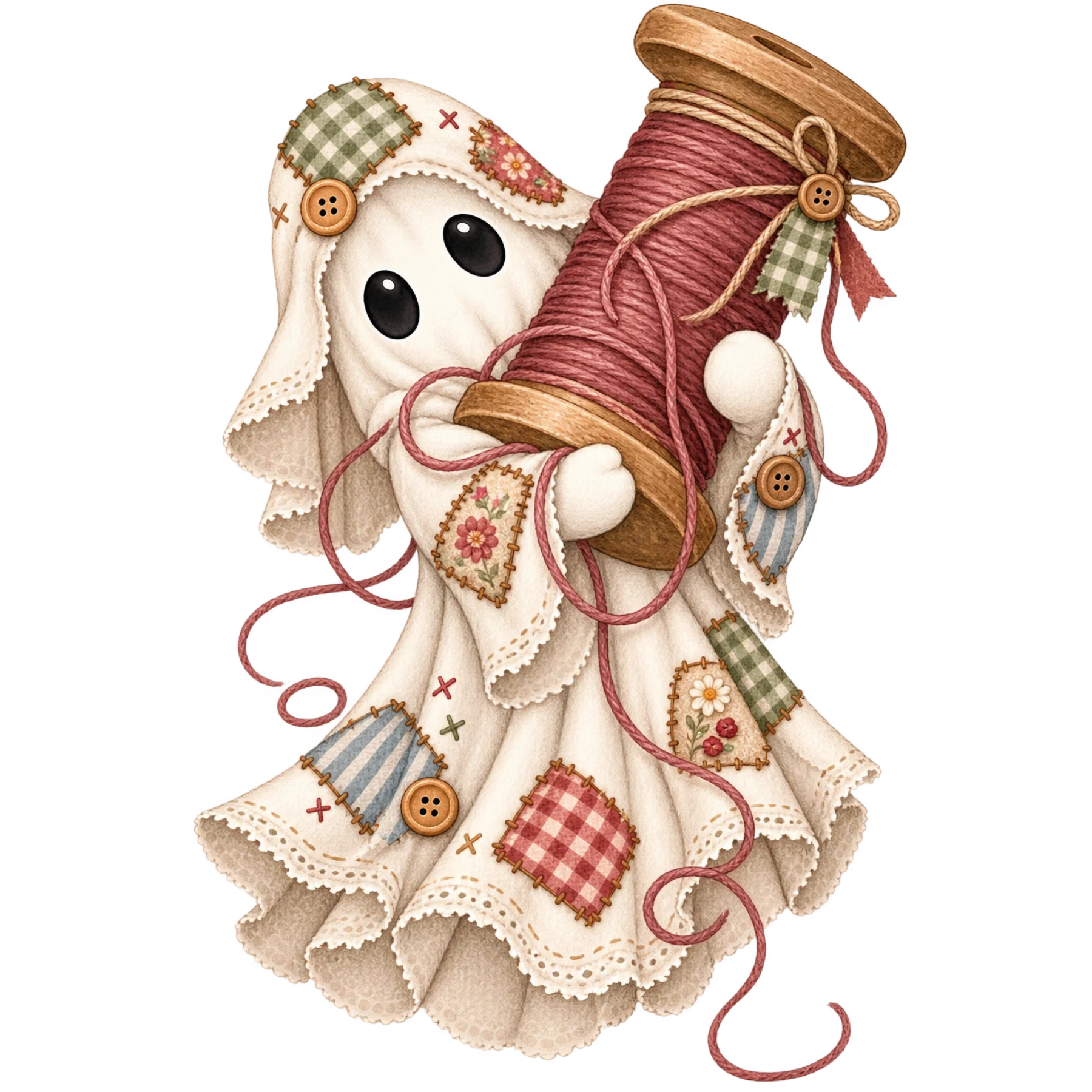 Watercolor patchwork sewing ghost with spool of thread, stitched fabric patches, buttons, lace, and sewing notions