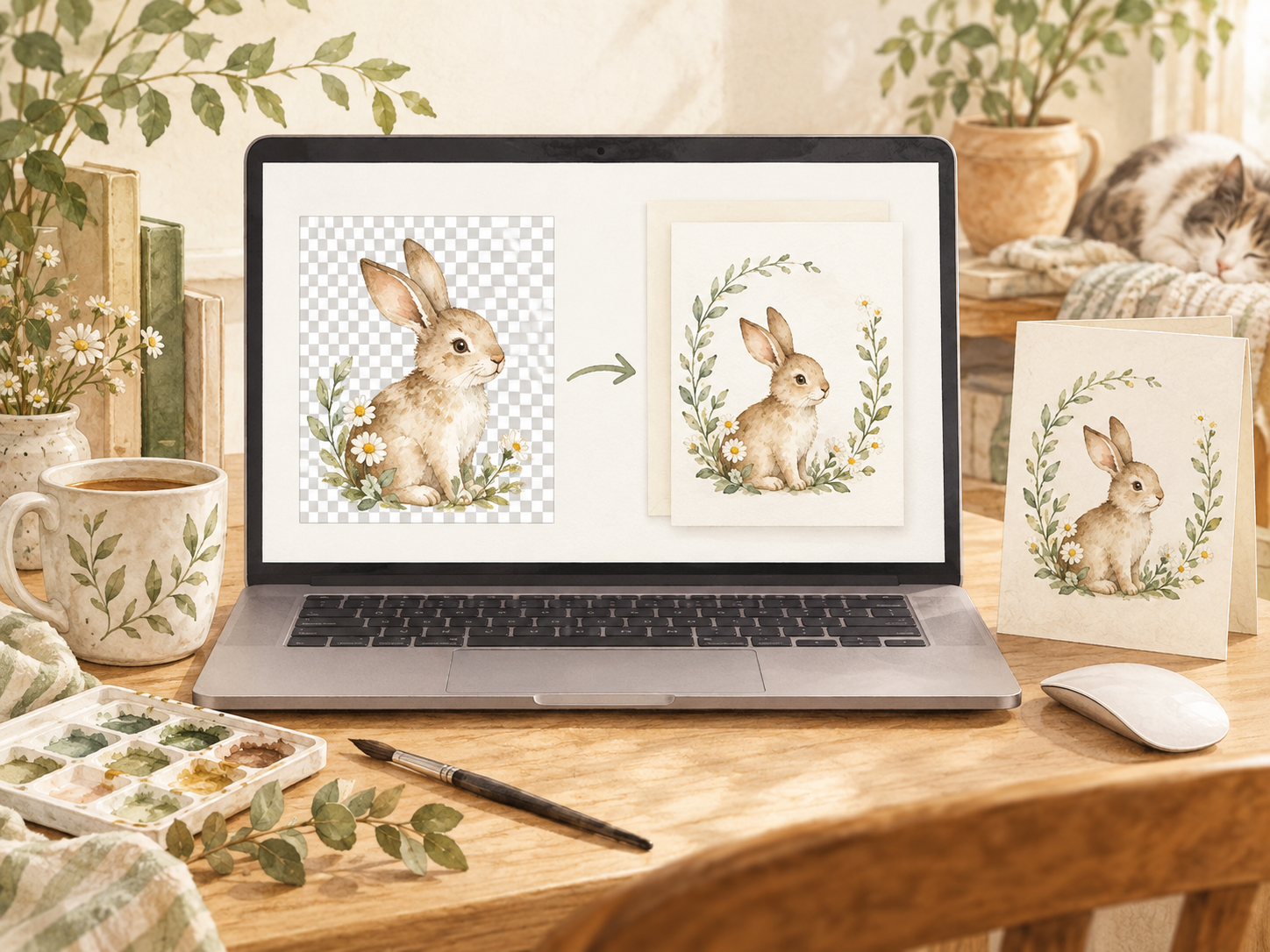 Laptop displaying a watercolor rabbit PNG on a transparent background beside a finished card design, shown on a cozy creative workspace with watercolor supplies.